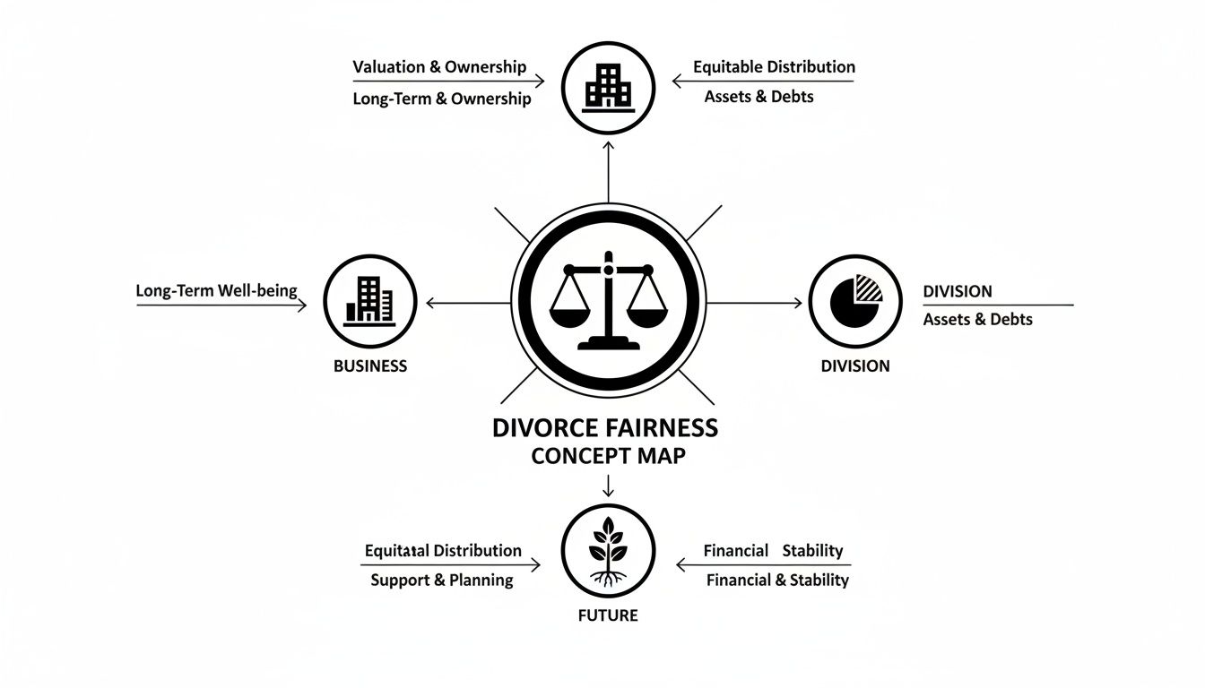A concept map illustrating divorce fairness, covering business valuation, asset division, and future financial stability.