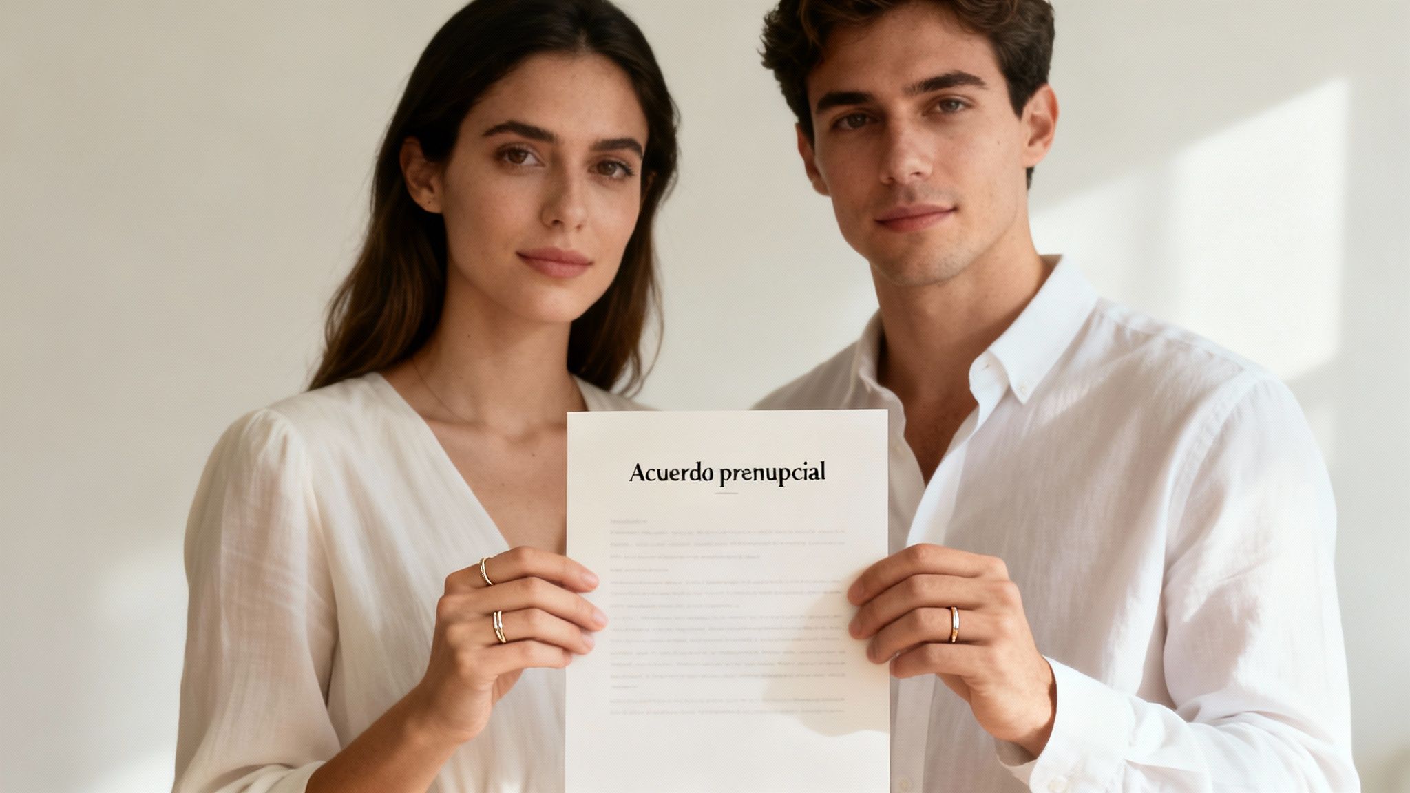 Pareja feliz con anillos de boda sosteniendo un acuerdo prenupcial sobre un fondo claro.