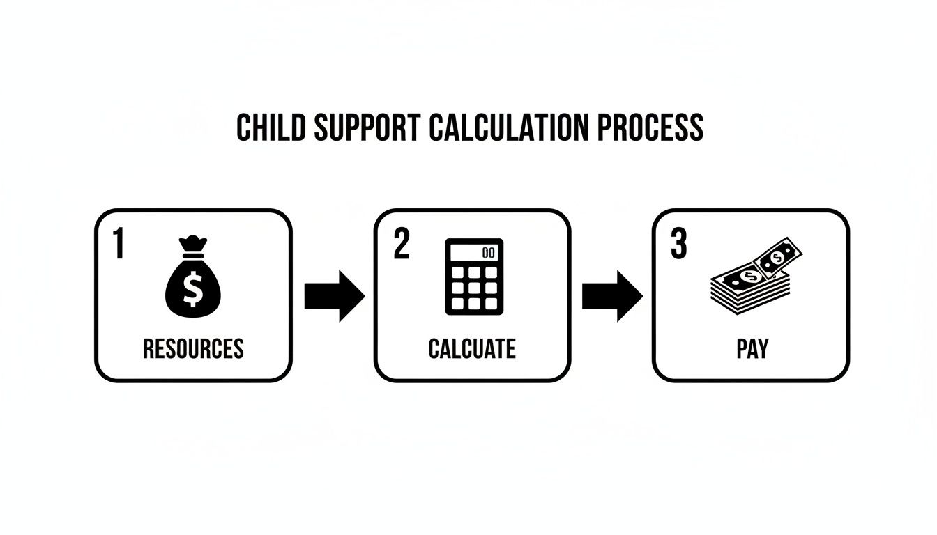 Infographic illustrating the child support calculation process, showing steps for resources, calculation, and payment.