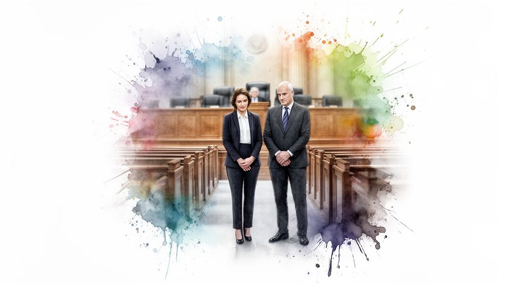 A man and woman in business attire stand solemnly in a courtroom with watercolor accents.