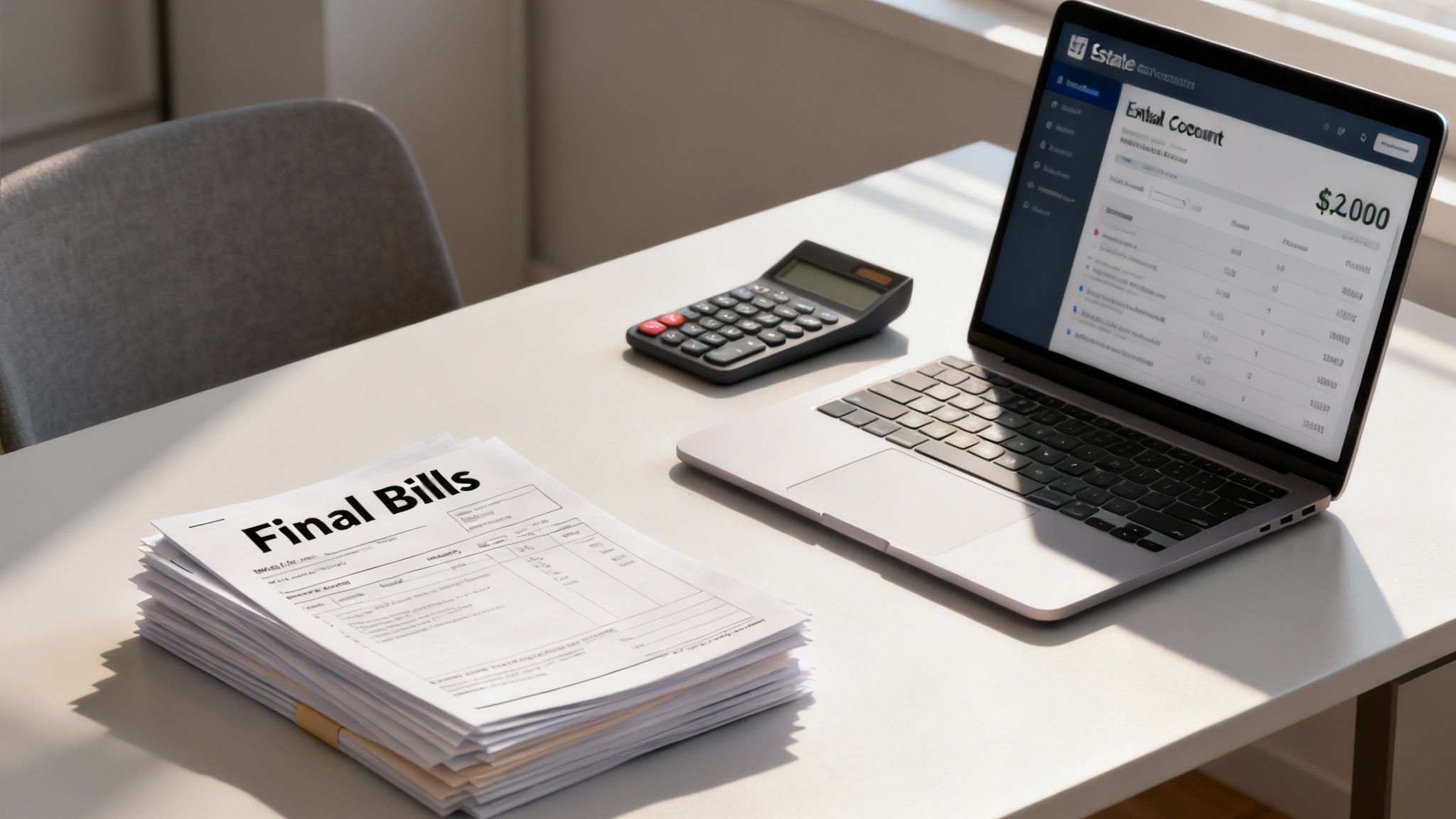 A person carefully reviewing financial documents and a checkbook at a desk, representing estate management.