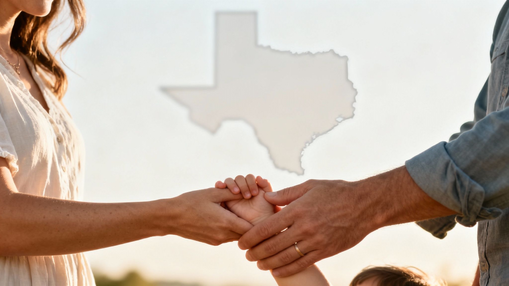 Hands of a mother, father, and child joining together, symbolizing family unity and joint custody in Texas, with a faint outline of the Texas state map in the background.