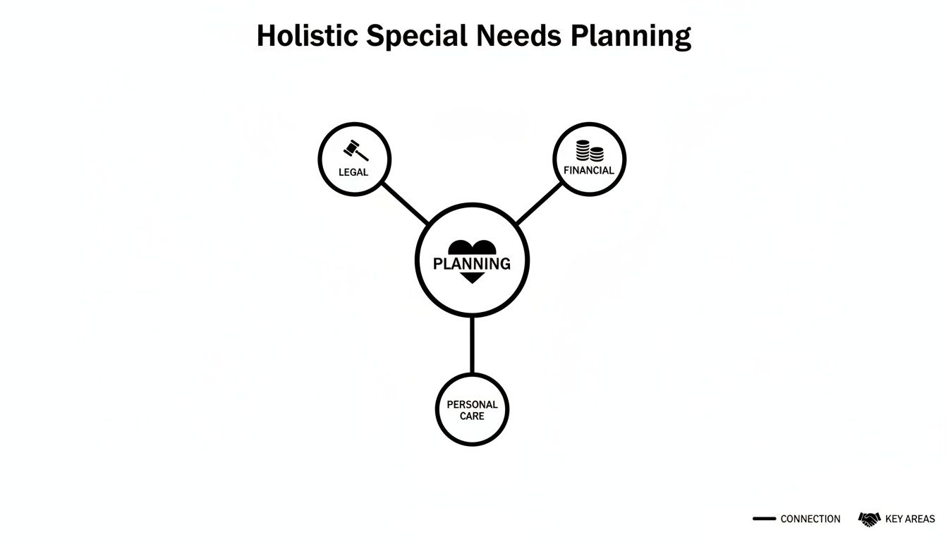 A diagram illustrating holistic special needs planning, connecting legal, financial, and personal care aspects to a central planning hub.