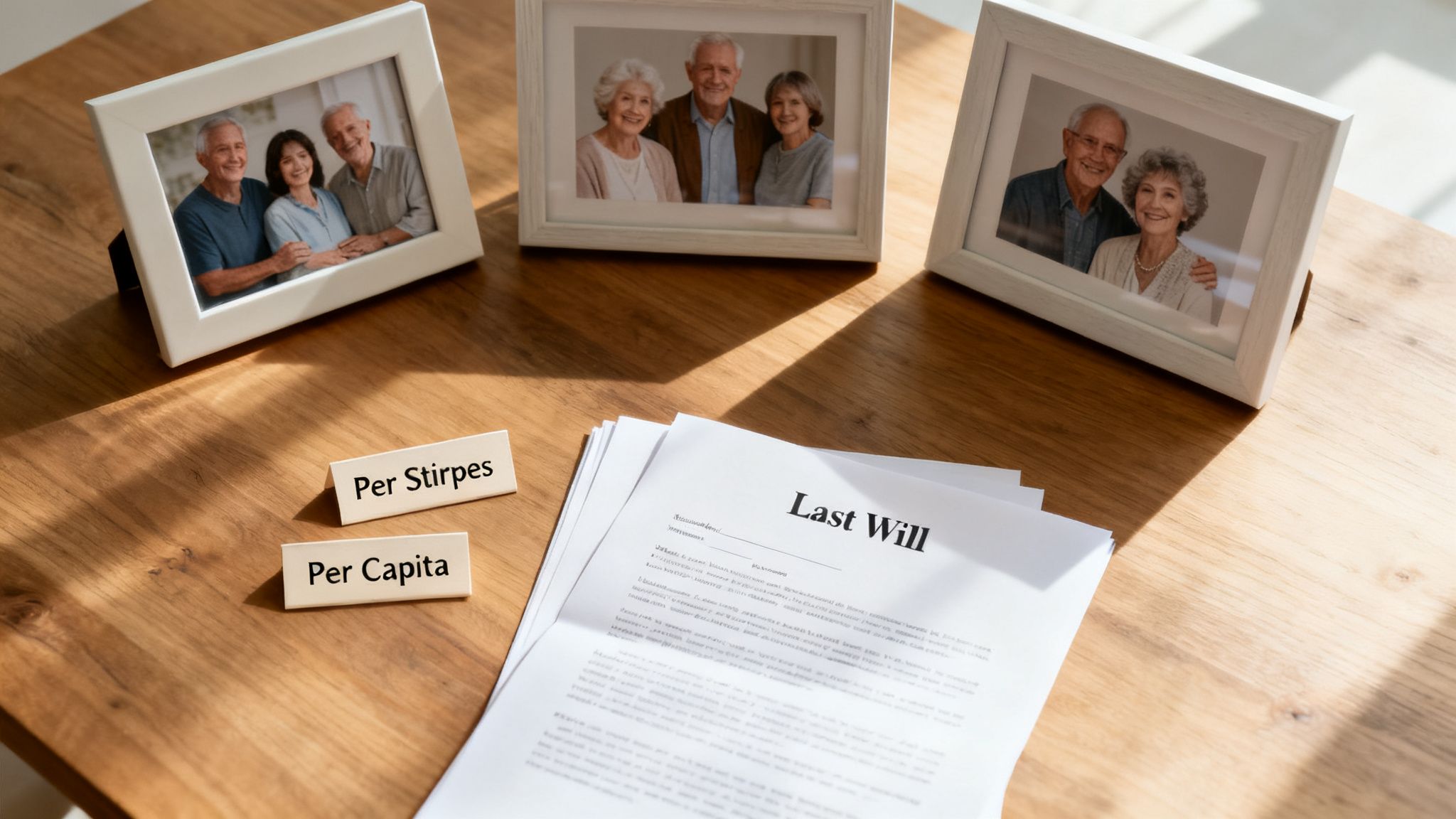 A wooden table with 'Last Will' documents, 'Per Stirpes' and 'Per Capita' blocks, and framed photos of senior people.