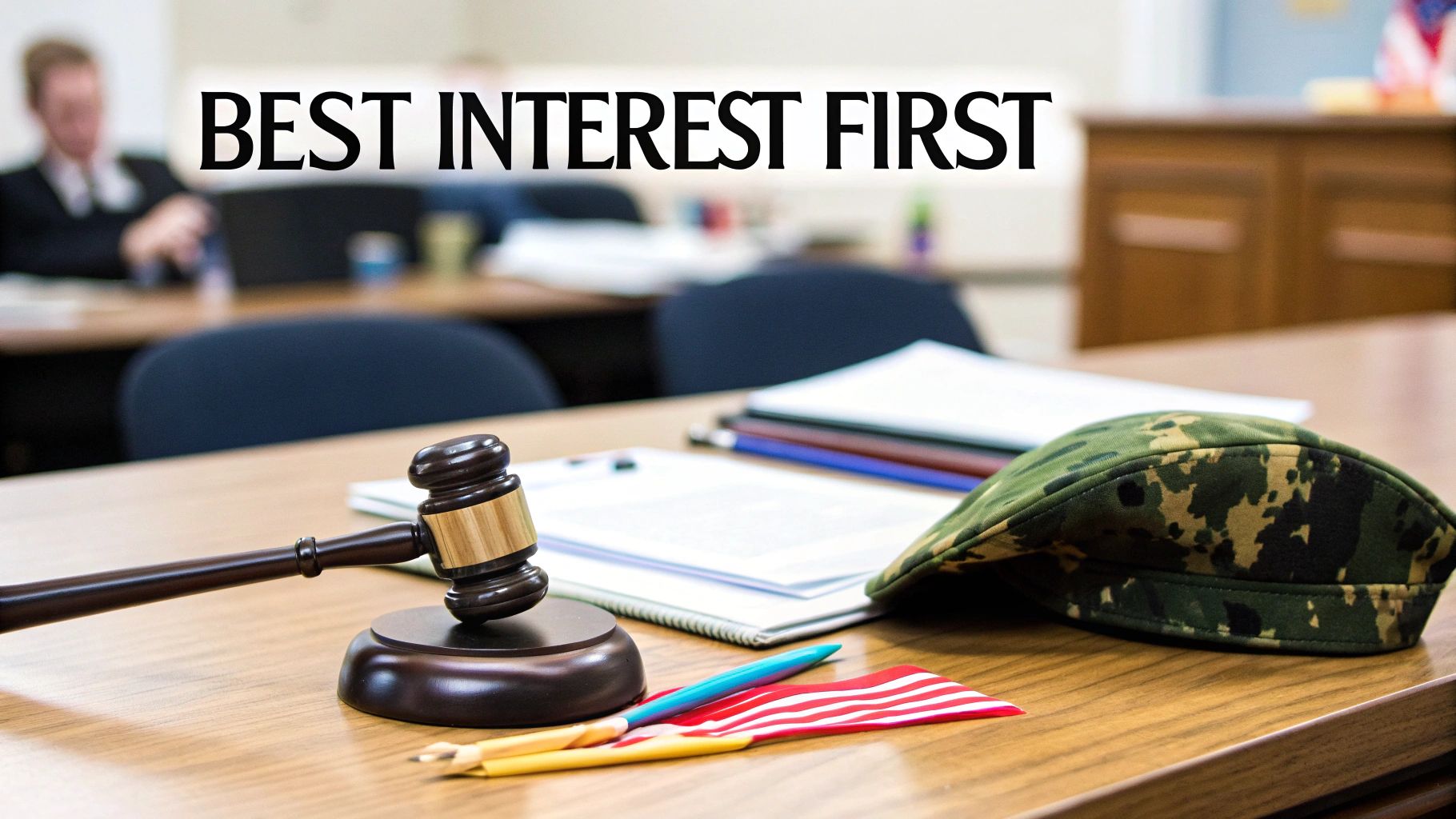 A legal gavel, military camouflage cap, American flag pen, and documents on a table with 'BEST INTEREST FIRST' text.