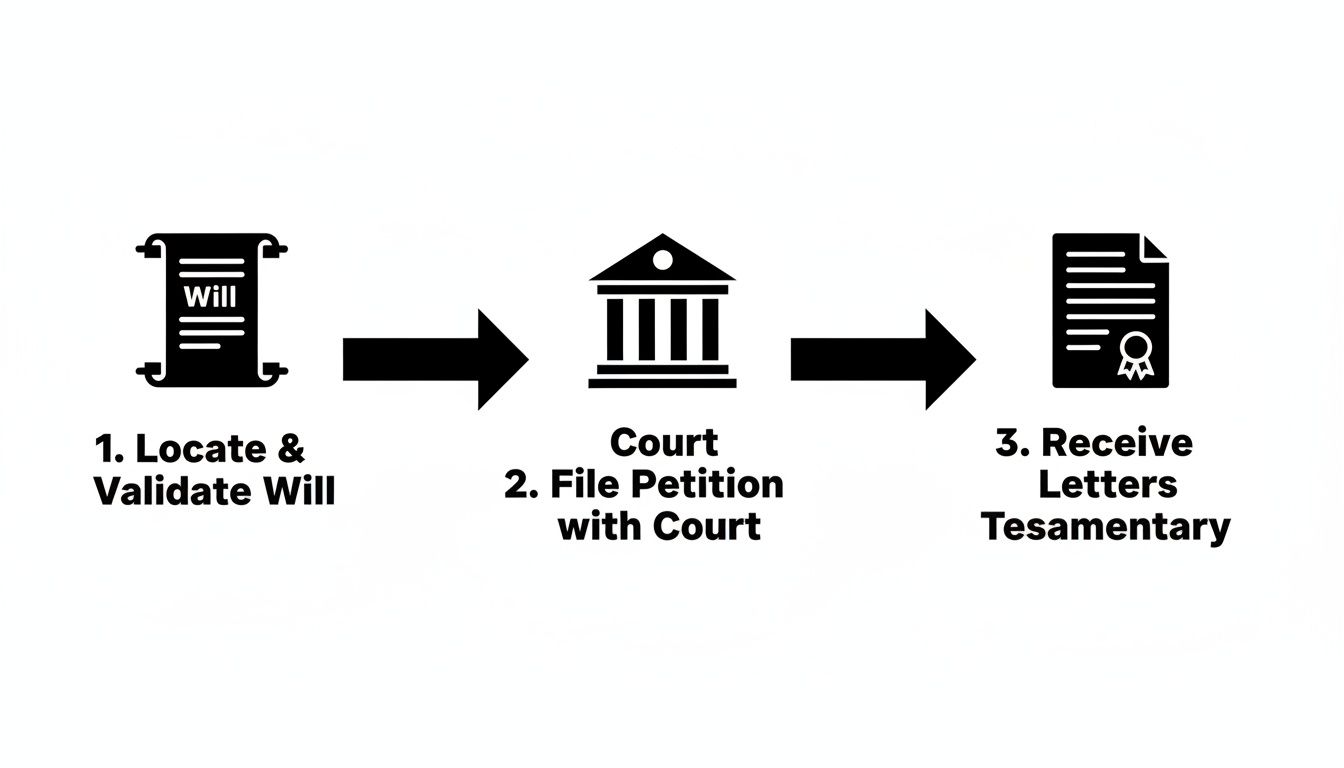 A three-step diagram showing the legal process: locating and validating a will, filing a petition with the court, and receiving letters testamentary.