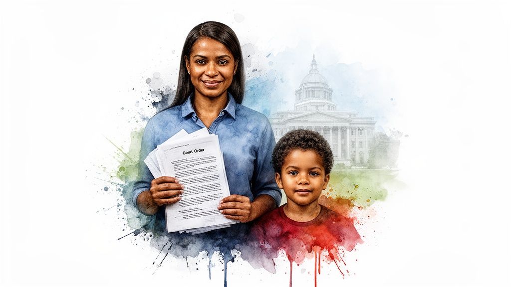 A smiling woman holding a stack of court order papers with a young boy beside her, in front of a courthouse.
