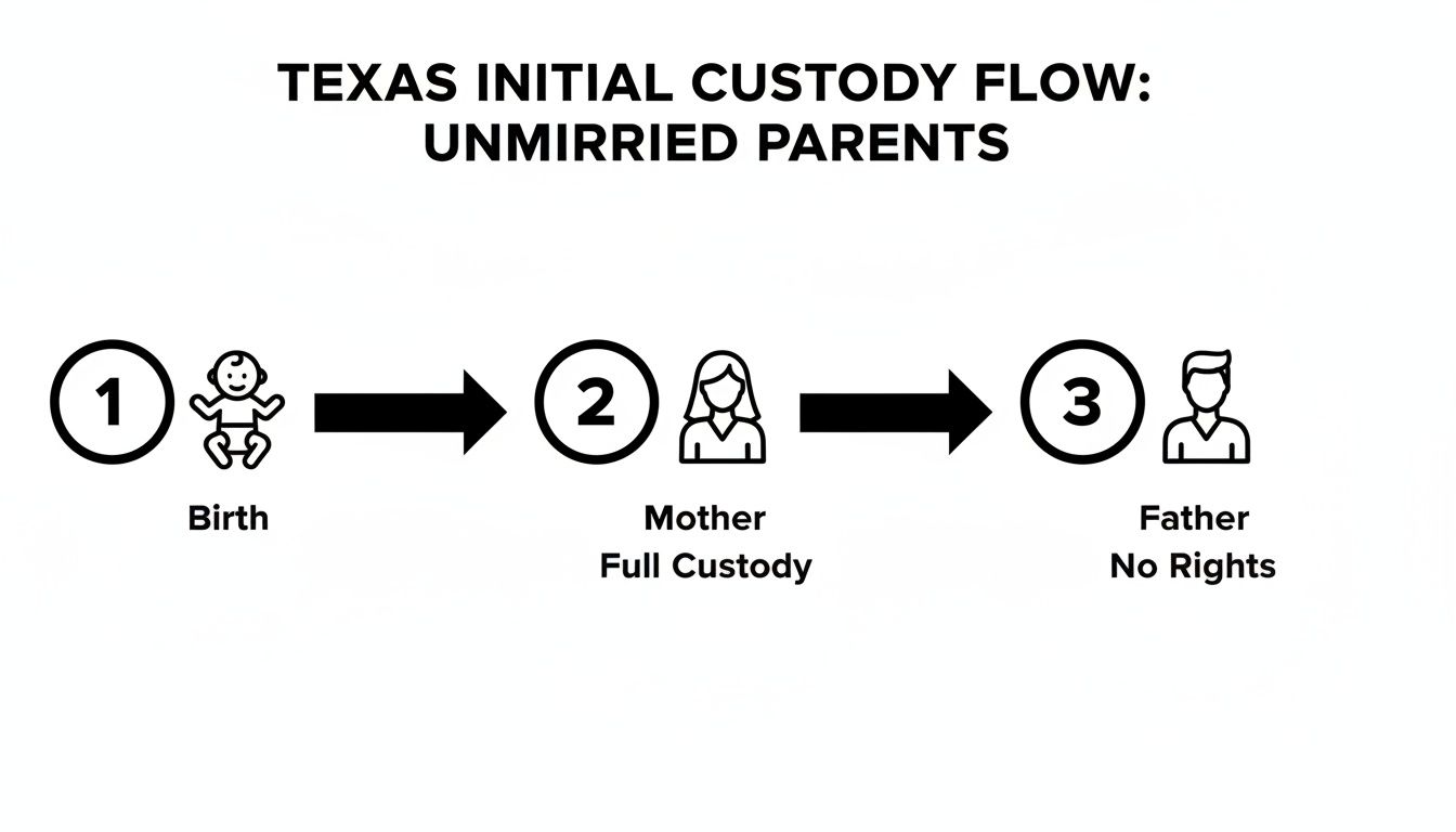 Flowchart illustrates Texas initial custody for unmarried parents: from birth, mother gains full custody, father has no rights.