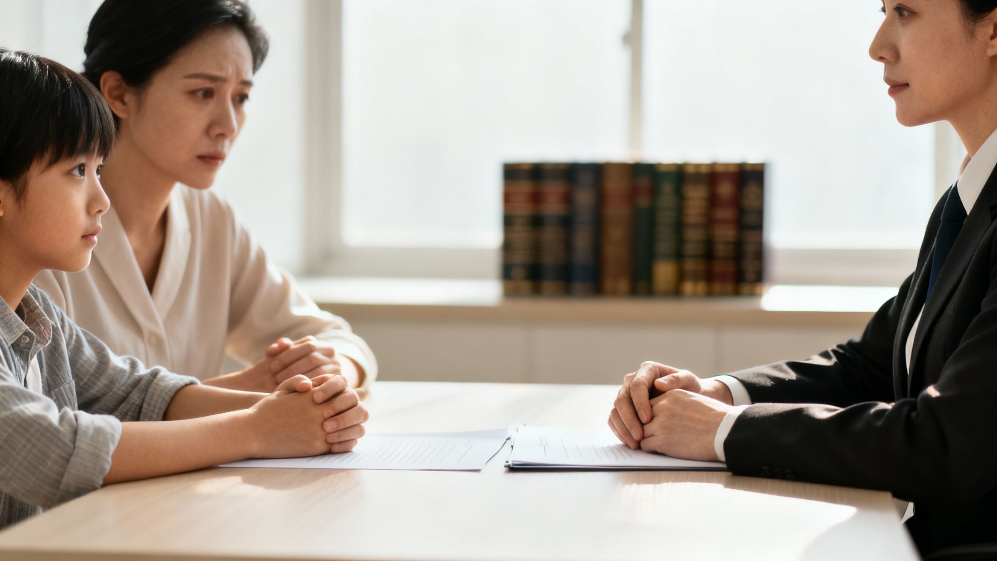 Madre e hijo con expresiones preocupadas se sientan con un abogado, discutiendo asuntos legales familiares.