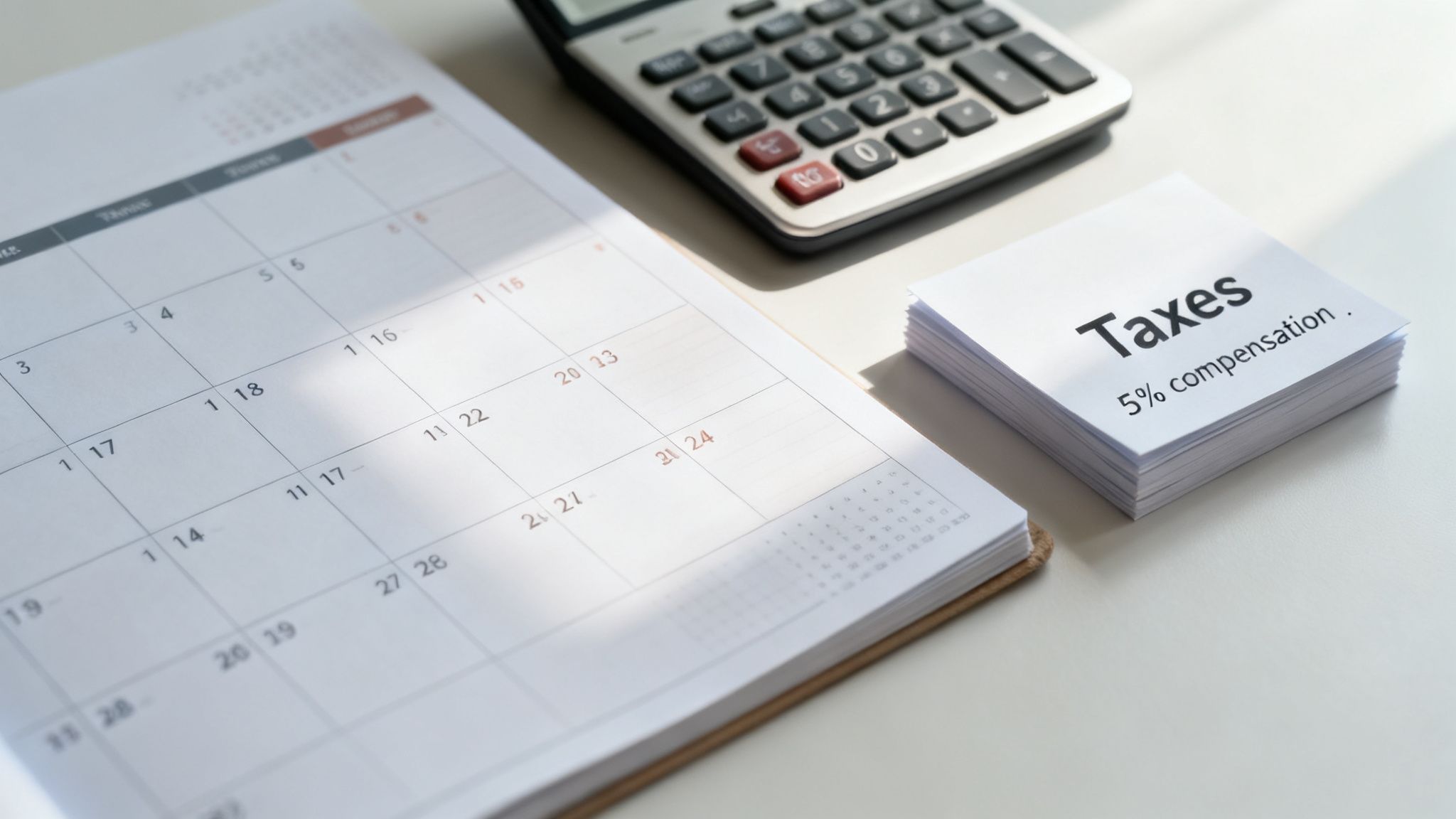 A desk with a calendar, calculator, and papers about taxes and compensation planning.