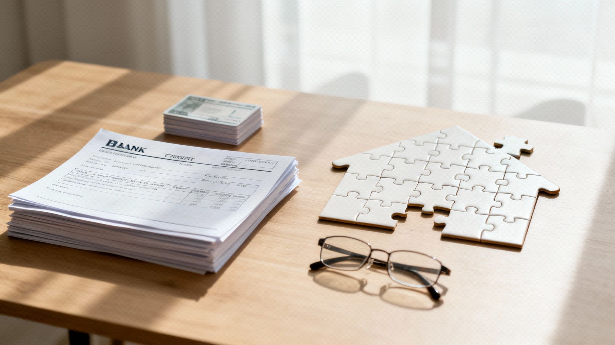 Stack of financial documents and a puzzle piece shaped like a house on a wooden table, symbolizing the discovery process in divorce and the need for transparency in asset division.