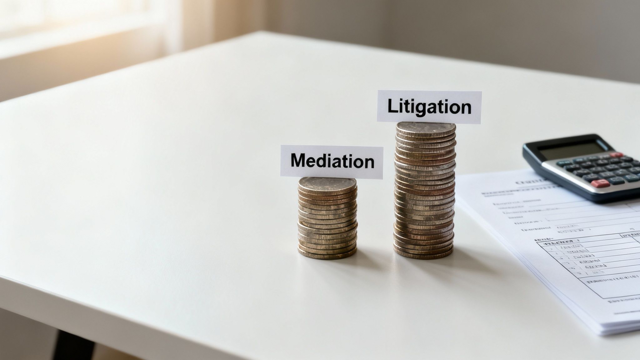 Two stacks of coins, one labeled 'Mediation' (smaller) and 'Litigation' (larger), showing cost difference.