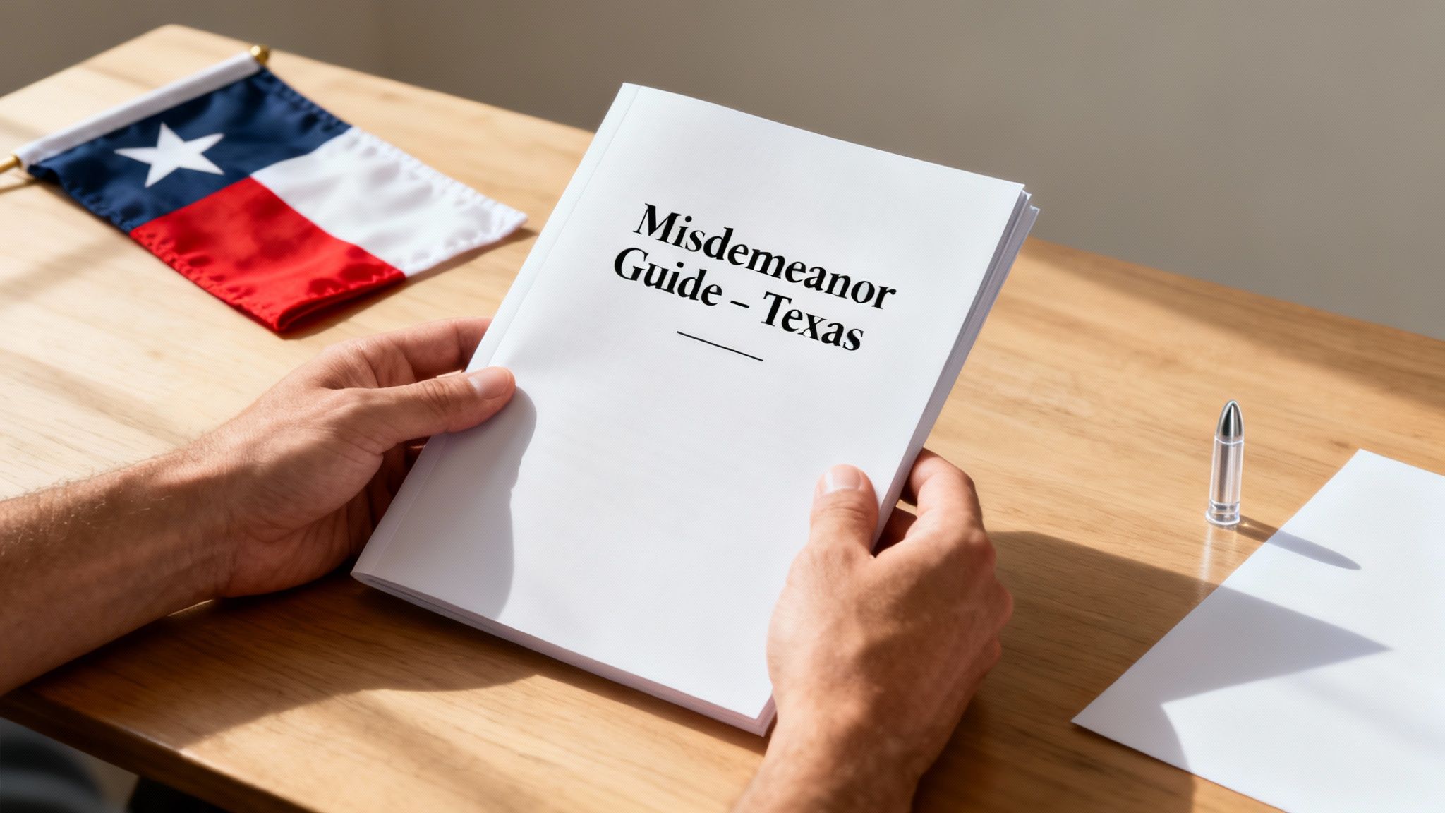 A person's hands hold a 'Misdemeanor Guide - Texas' booklet on a desk with a Texas flag.