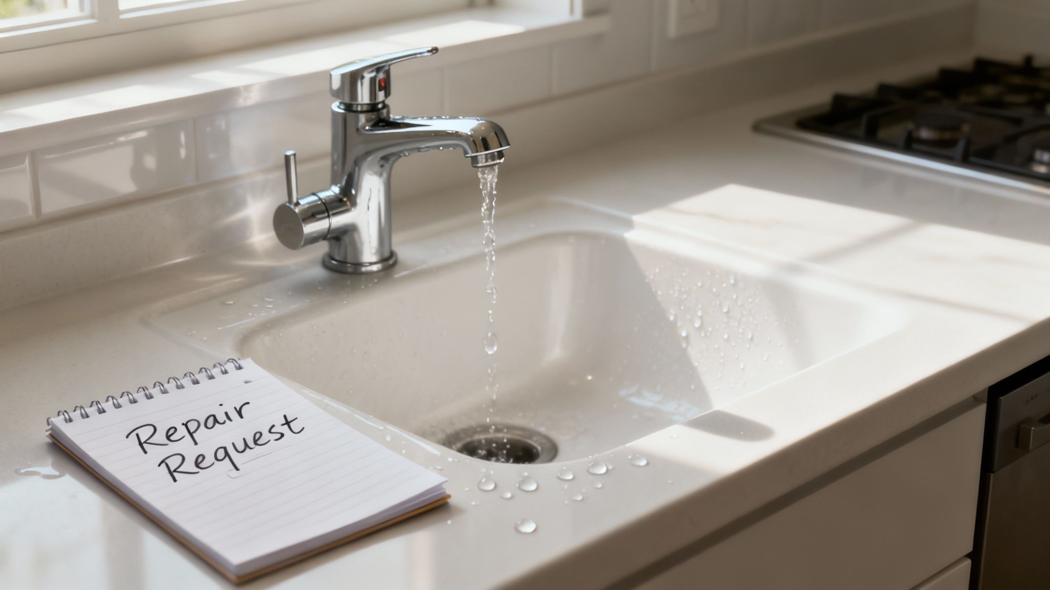 Kitchen sink with running water and a notepad labeled "Repair Request," symbolizing tenant rights and responsibilities under Texas Property Code.