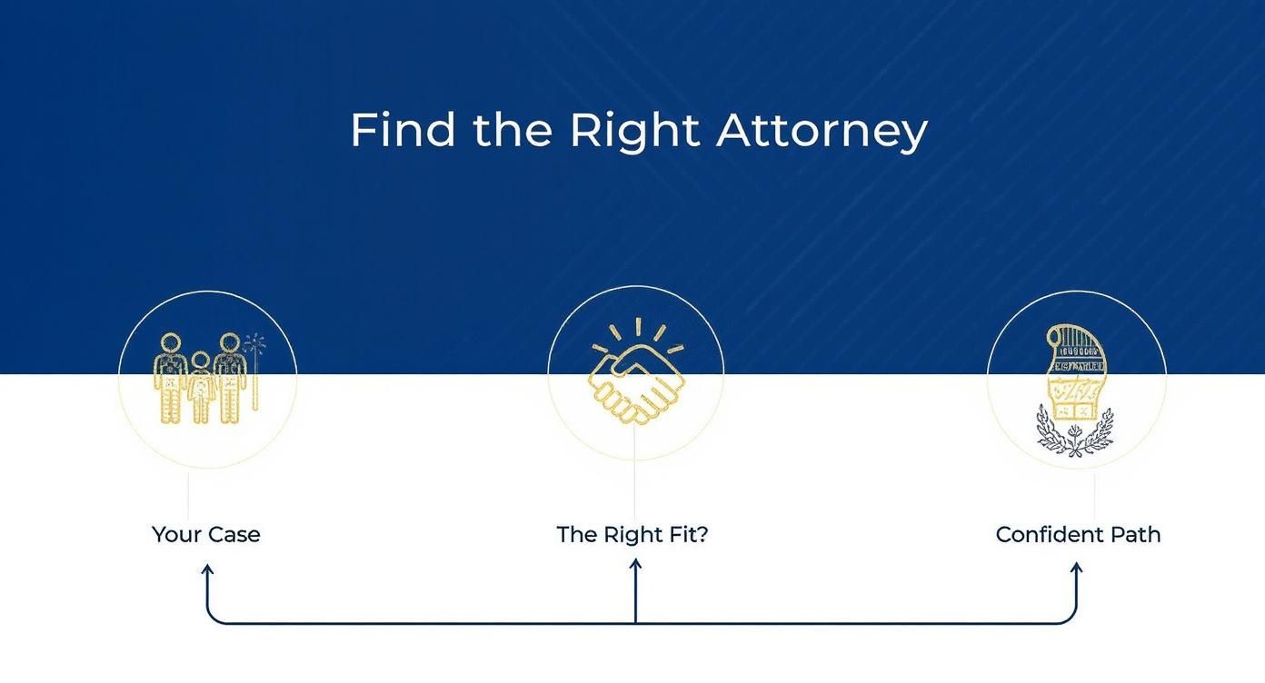 Infographic decision tree showing the path to finding the right family law attorney in Houston.