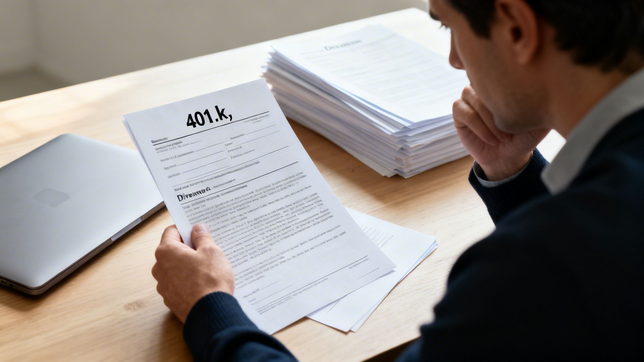 A pensive man reviews a 401k retirement plan document at a wooden desk.