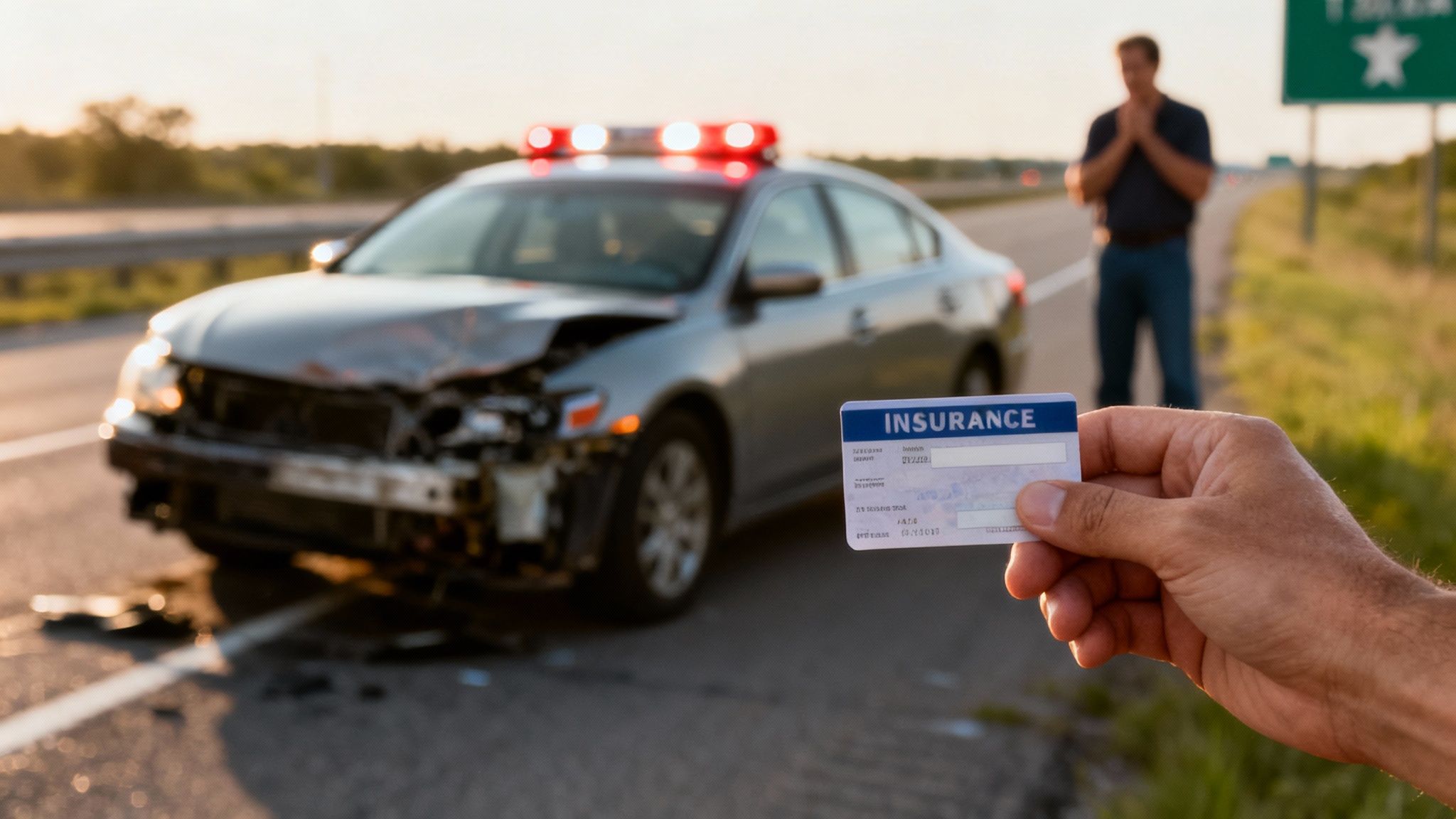 Hand holding an insurance card in front of a damaged car with flashing lights and a distressed man.