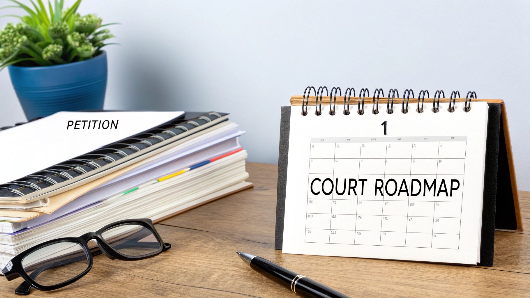 A grandparent reviewing legal documents at a wooden table.