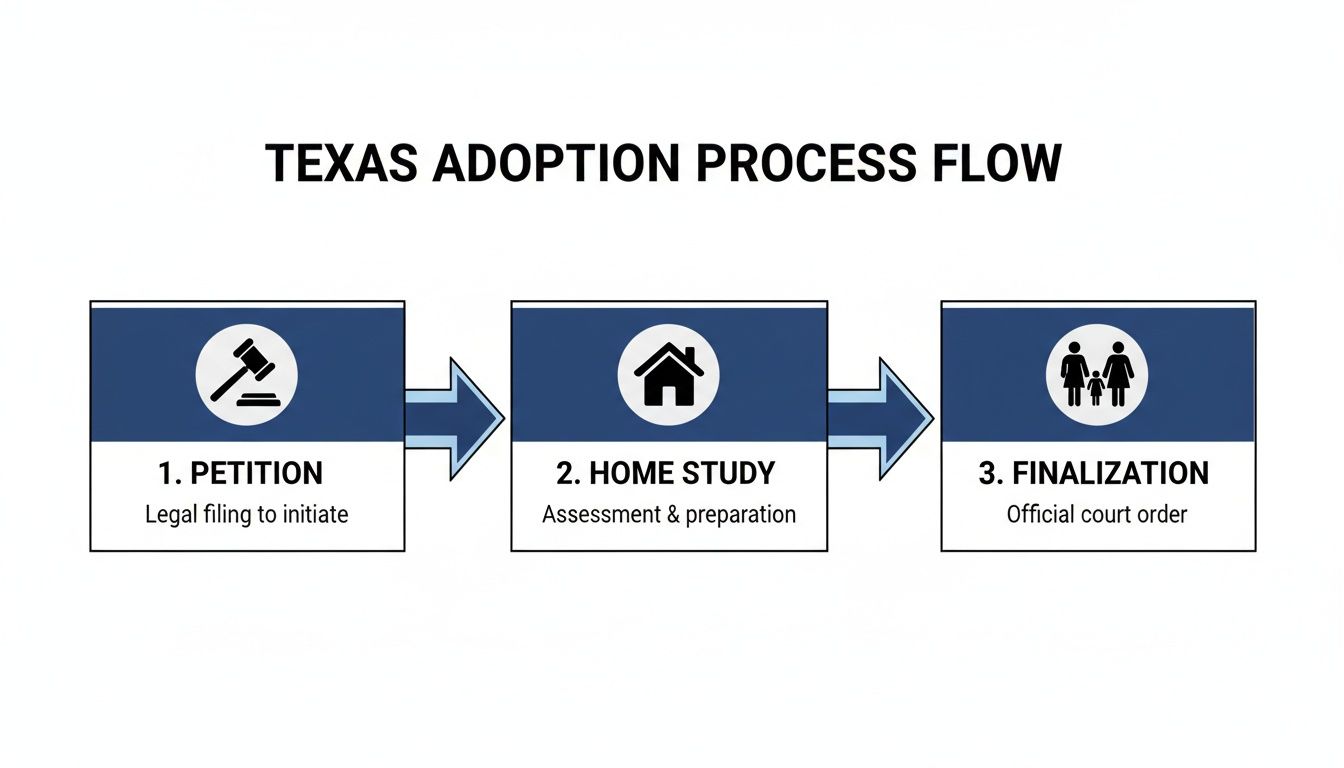 Flowchart illustrating the three steps of the Texas adoption process: Petition, Home Study, and Finalization.