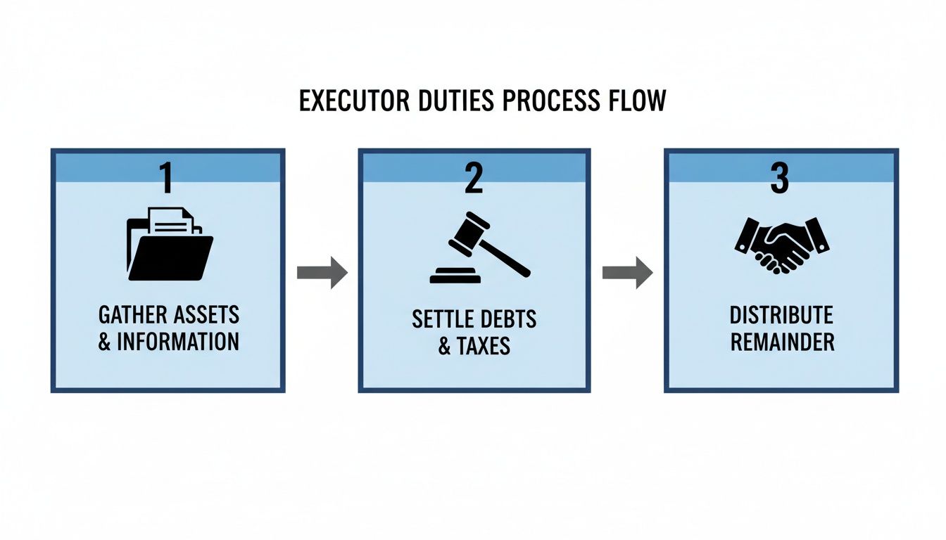 A flowchart illustrates the three-step executor duties process: gathering assets, settling debts and taxes, and distributing the remainder.