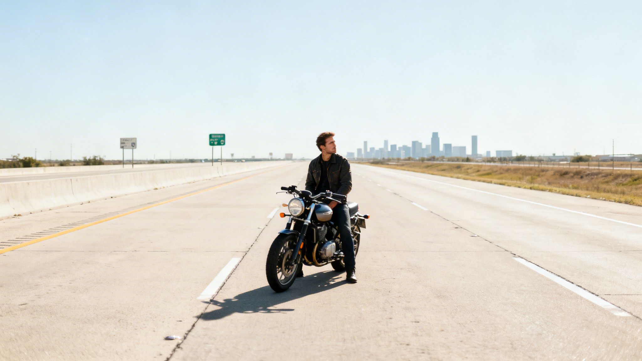 A man on a classic motorcycle stopped on a highway, looking towards a city skyline.