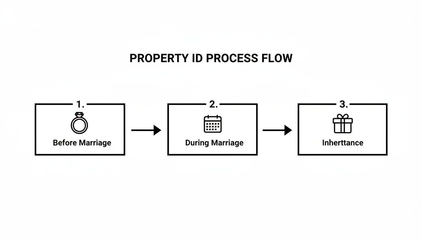Diagram illustrating property identification process flow: stages before marriage, during marriage, and through inheritance, relevant to community property laws in Texas.