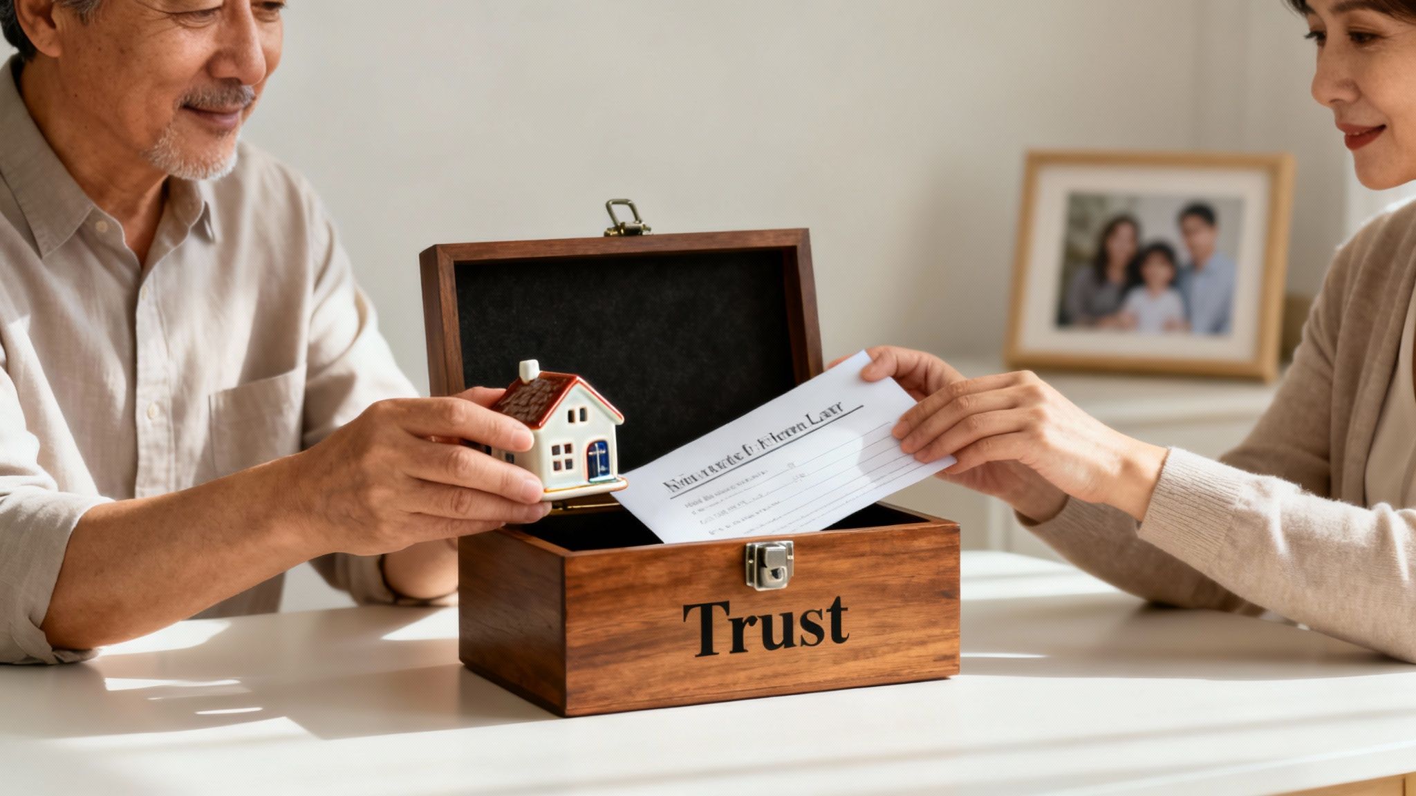 An older couple puts a house model and document into a wooden 'Trust' box, symbolizing property planning.