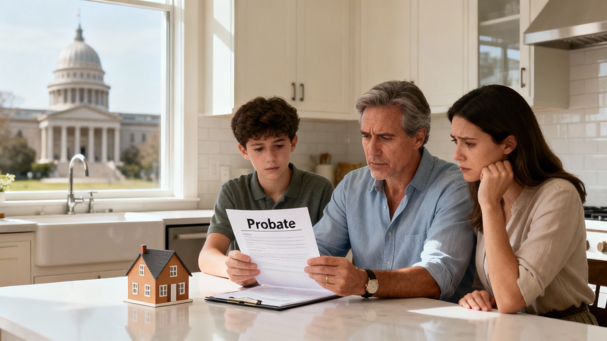 Family discussing probate documents at kitchen table, with a model house in the foreground and a courthouse visible through the window, emphasizing estate planning concerns in Texas.