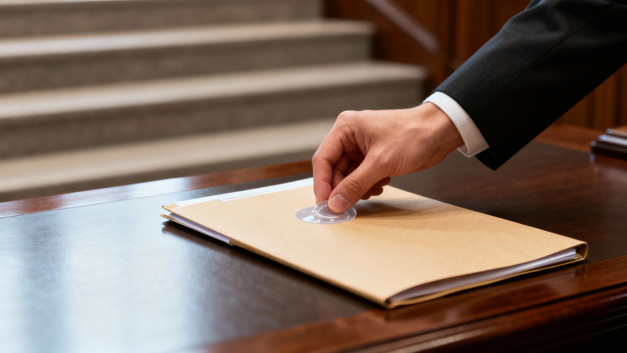 Hand placing a seal on a legal document folder on a wooden table, symbolizing the sealing of criminal records after deferred adjudication in a courtroom setting.
