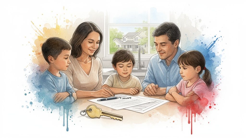 Family discussing a trust document with keys on the table, emphasizing the importance of estate planning and avoiding probate in Humble, Texas.