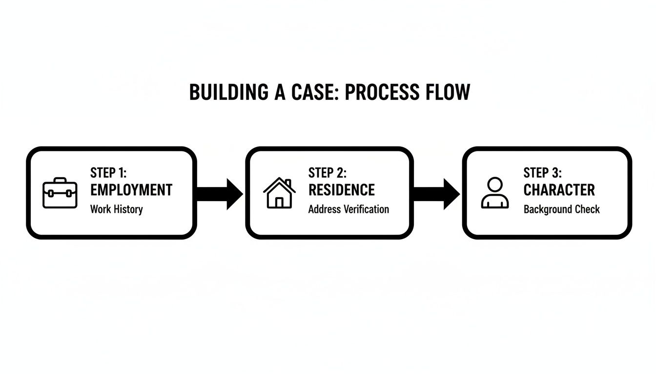 Flowchart illustrating the process of building a case for bond reduction, featuring three steps: Employment (work history), Residence (address verification), and Character (background check).