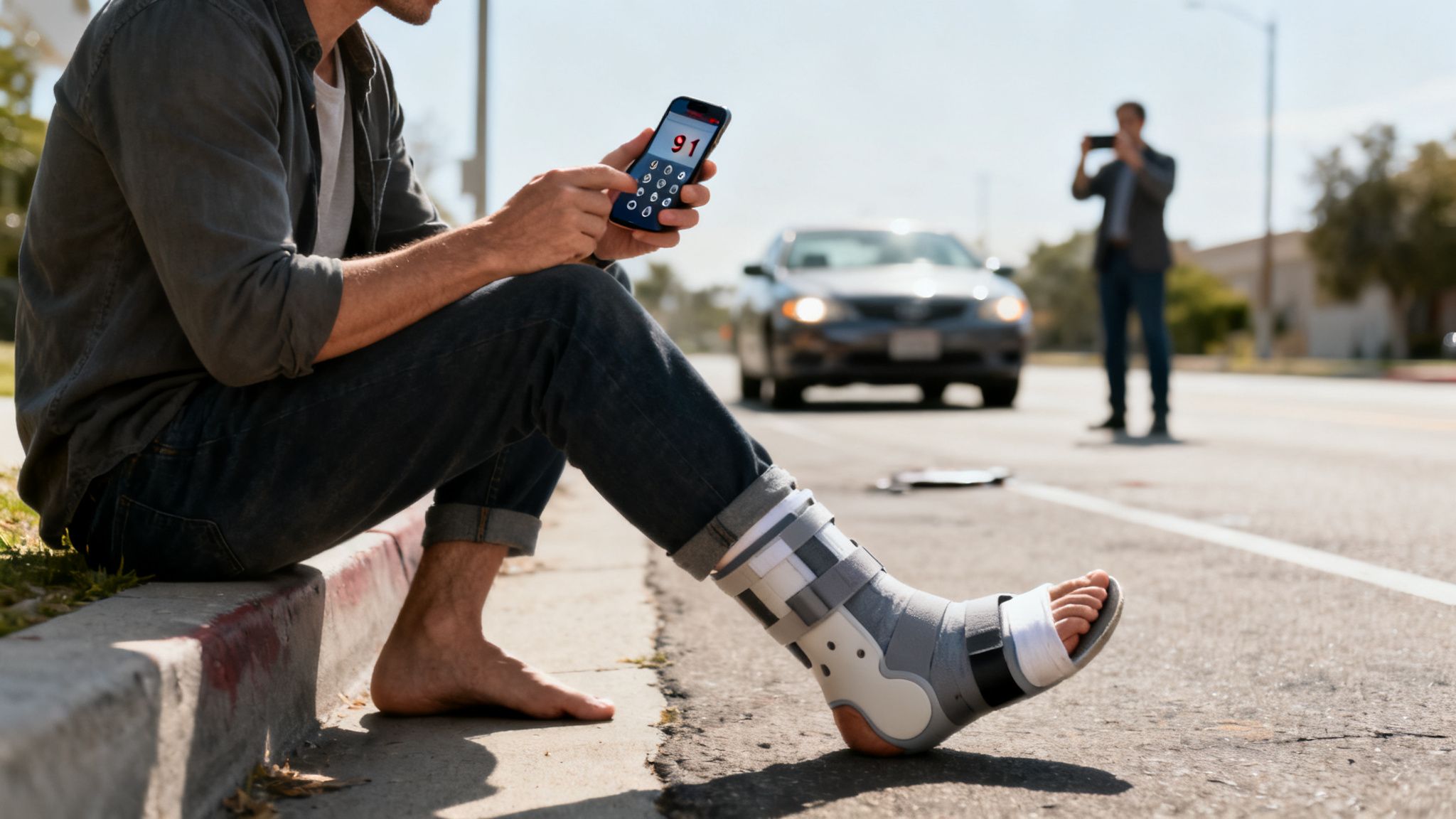 A man with a leg brace sits on a curb, dialing 911 after a car accident.