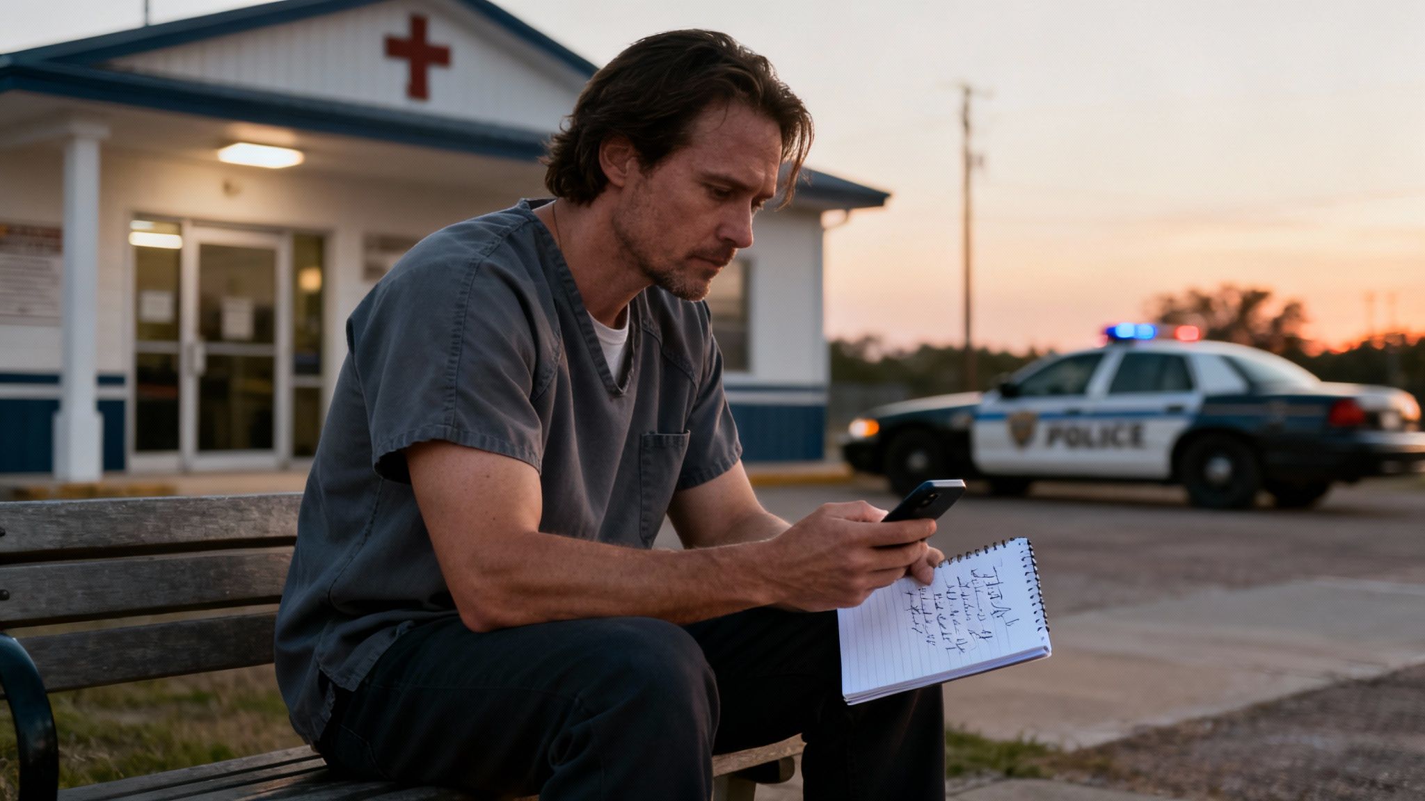 A man in medical scrubs sits on a bench, looking at his phone, with a police car and clinic in the background.