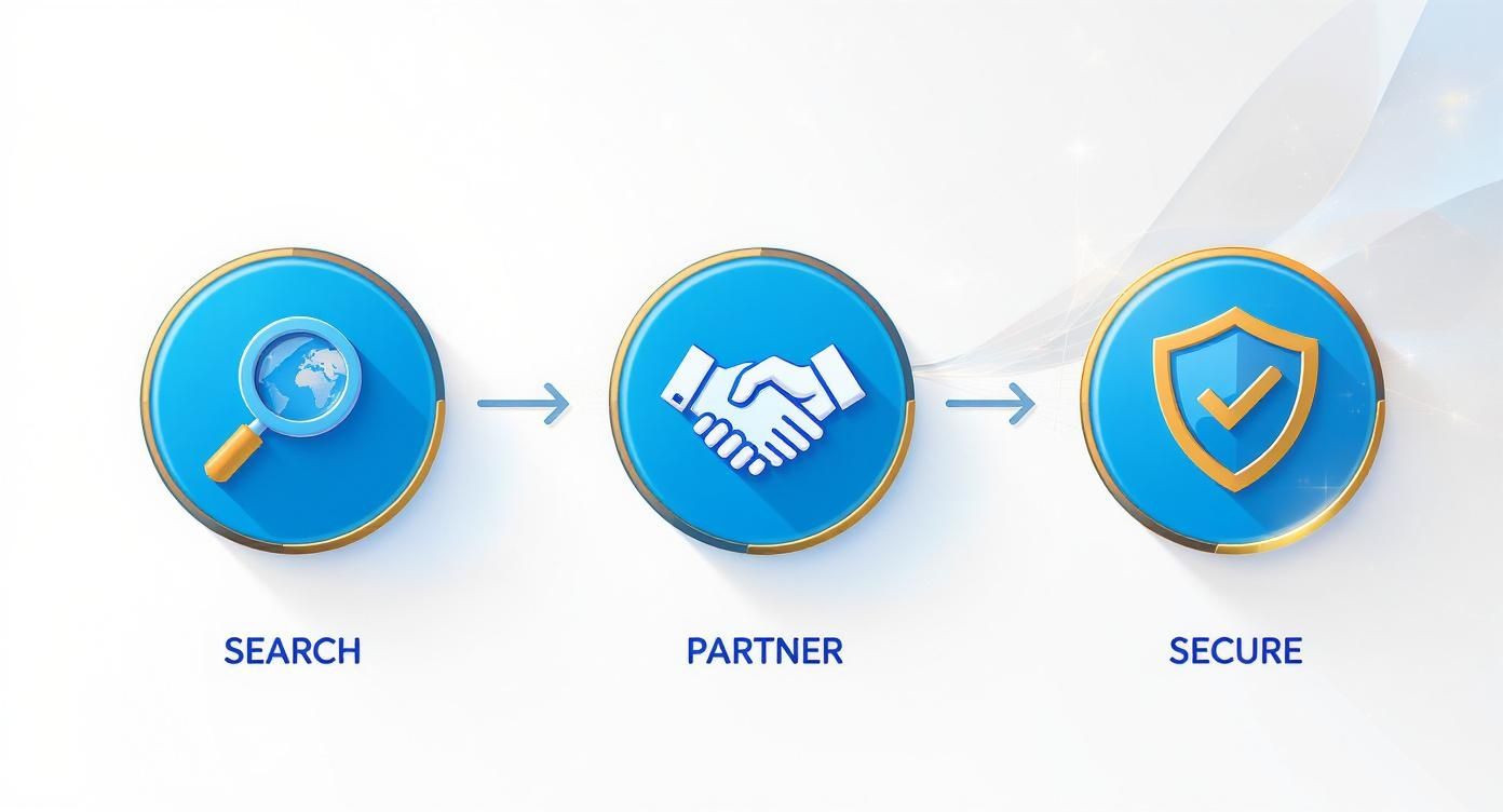 Search, partner, and secure icons representing the estate planning process, emphasizing finding a local attorney for family protection.