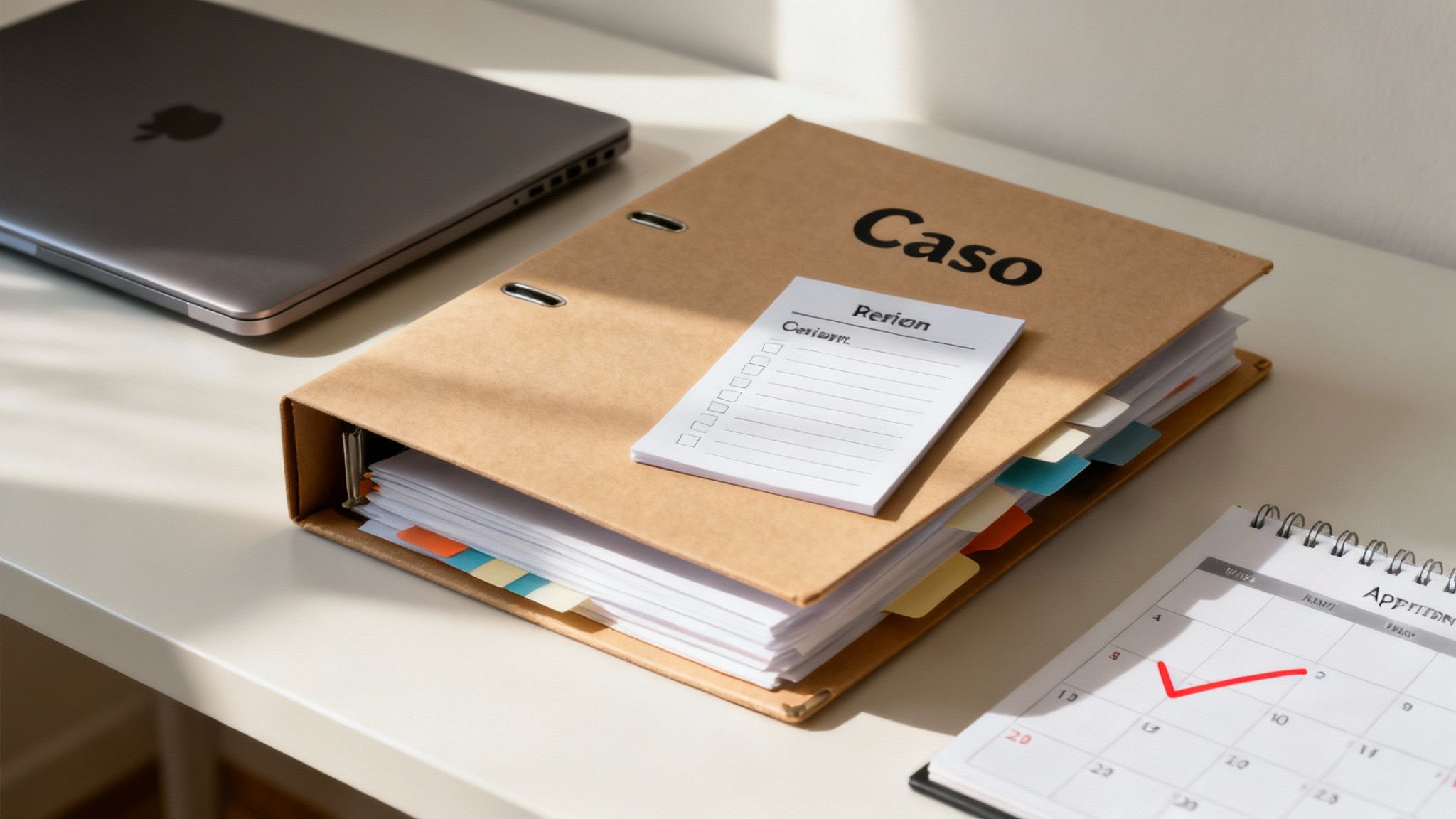 Una persona organizando documentos en una carpeta sobre un escritorio.