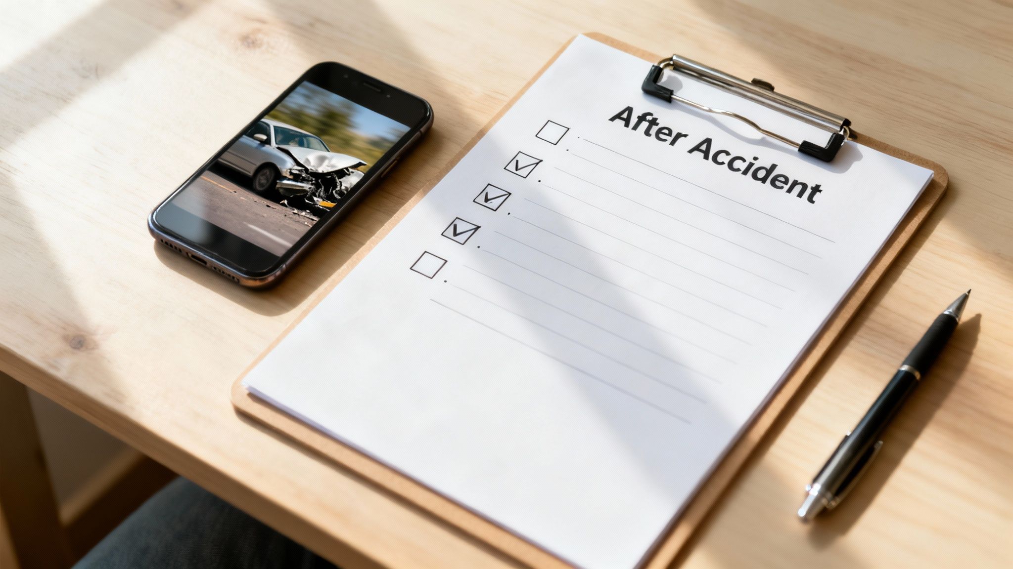 A checklist titled 'After Accident' on a clipboard, next to a phone showing a crashed car.