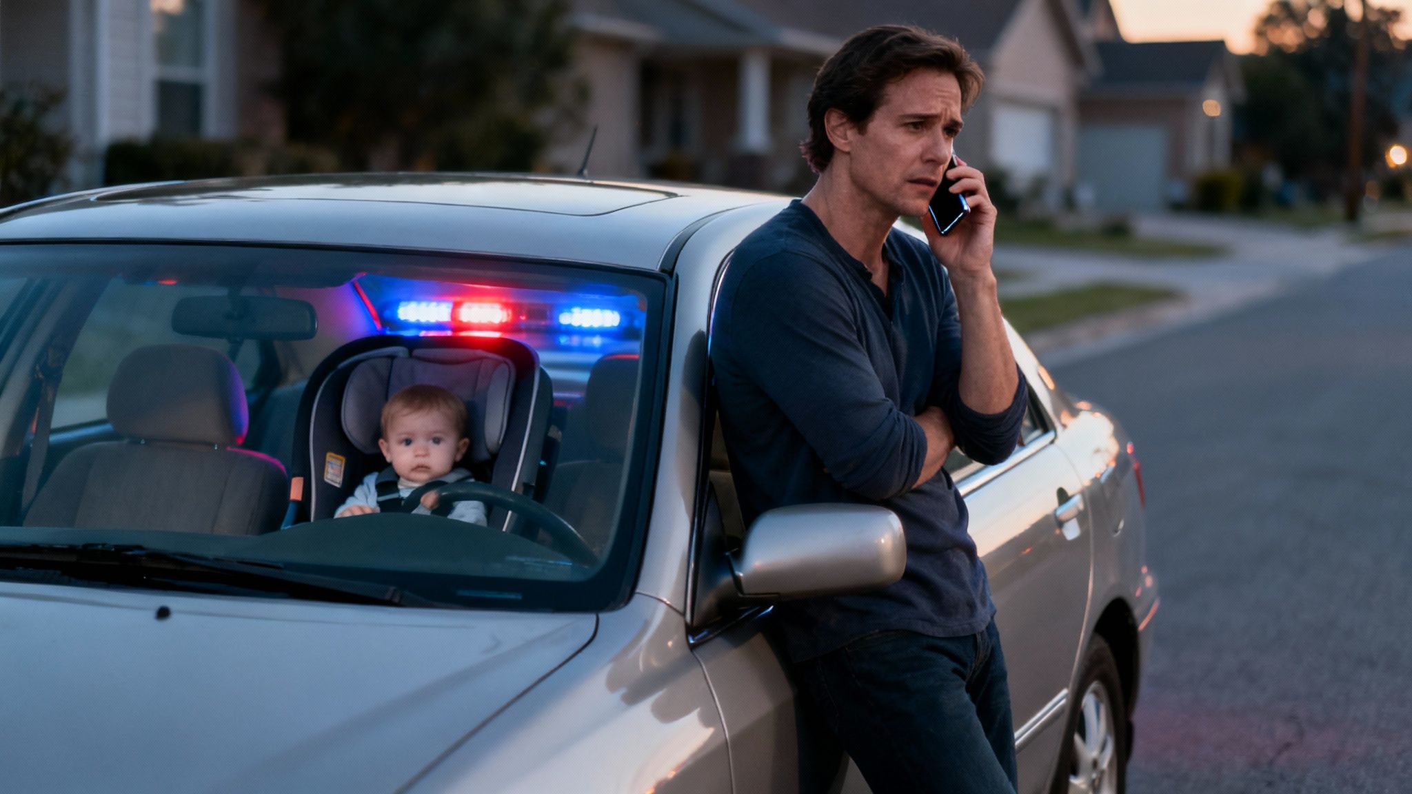 A person sitting in a car with police lights flashing in the background
