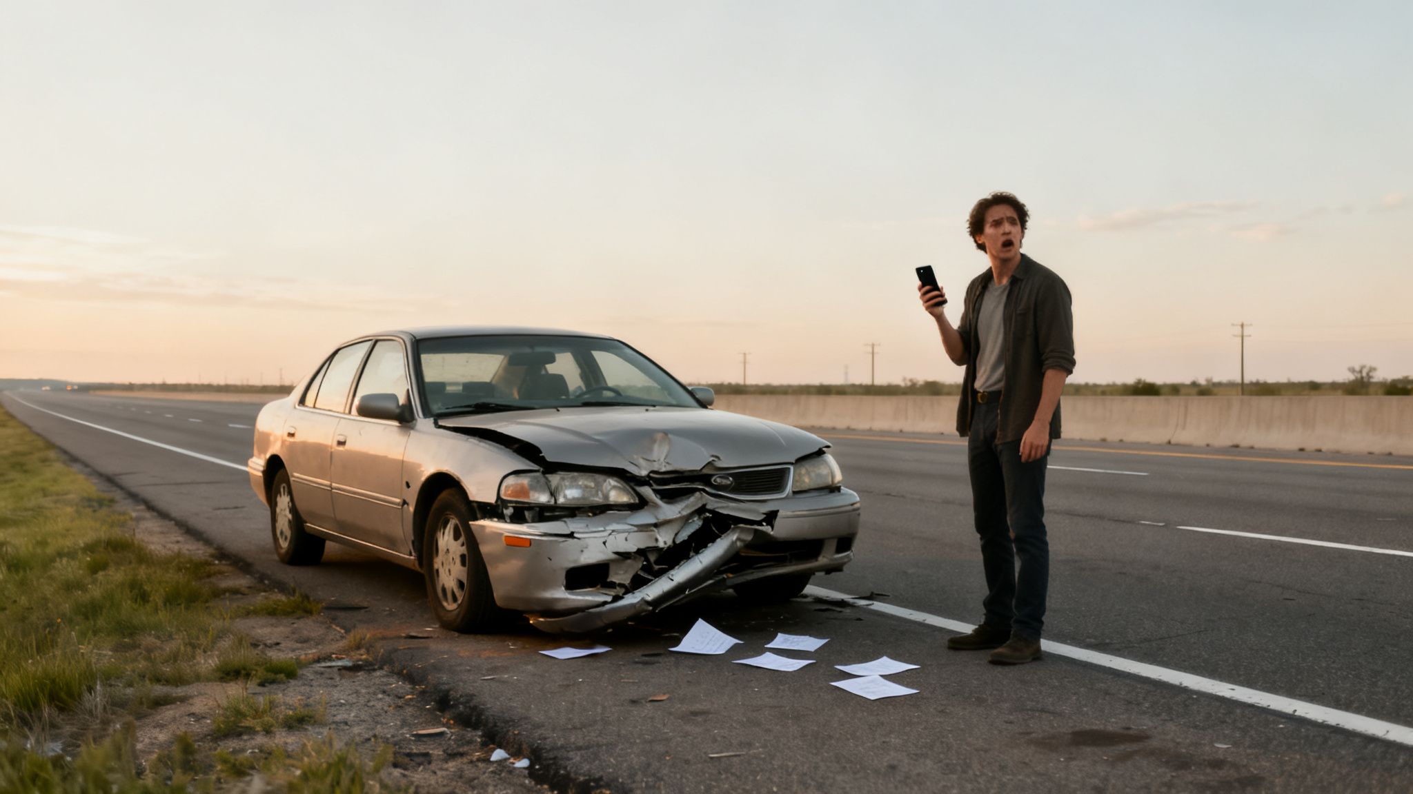 A distressed man with a phone stands beside a crashed car on a highway shoulder at sunset.