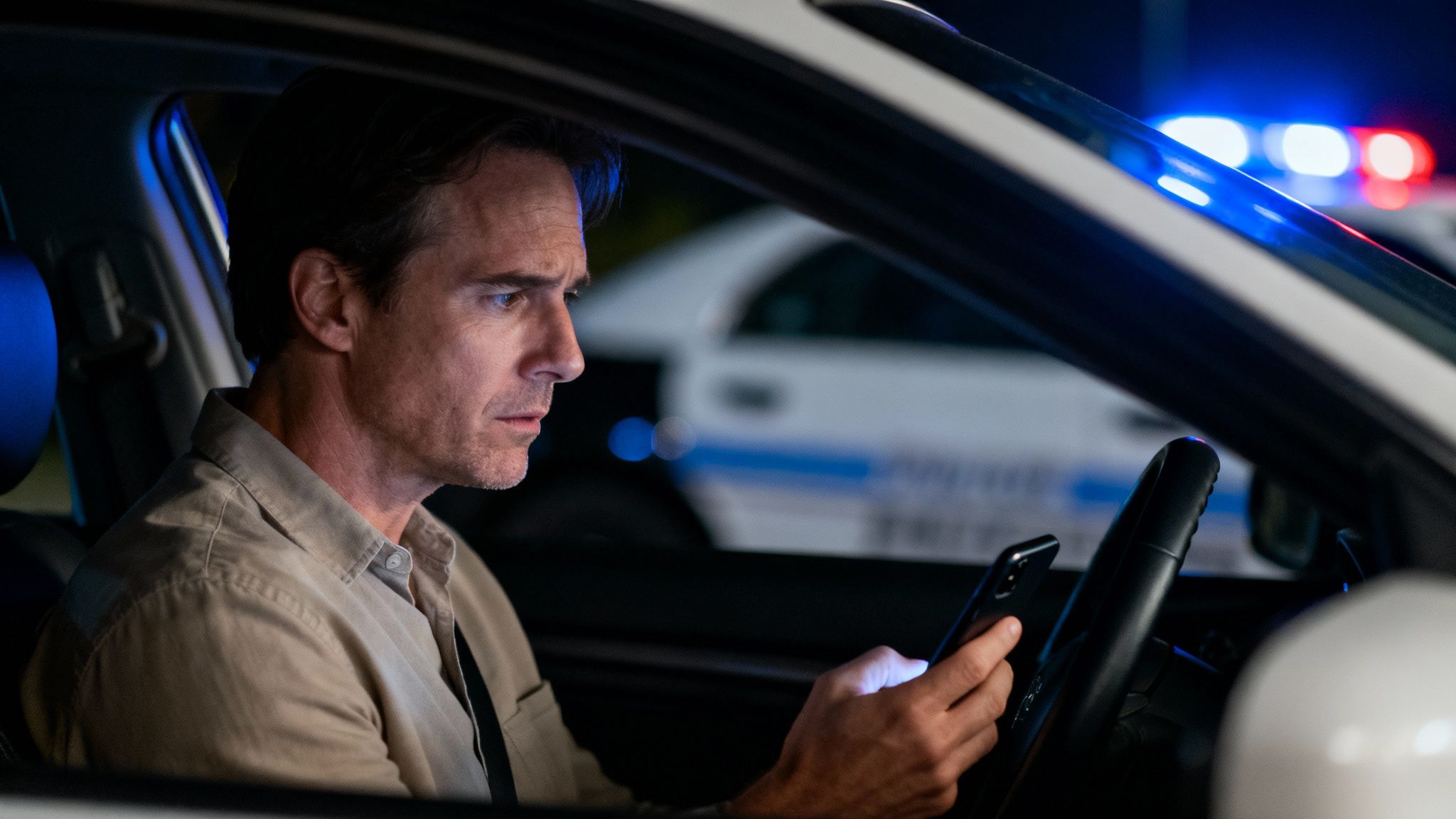 Man sitting in a car looking at his smartphone, with police lights flashing in the background, illustrating the tension of a police stop related to DWI charges in Texas.