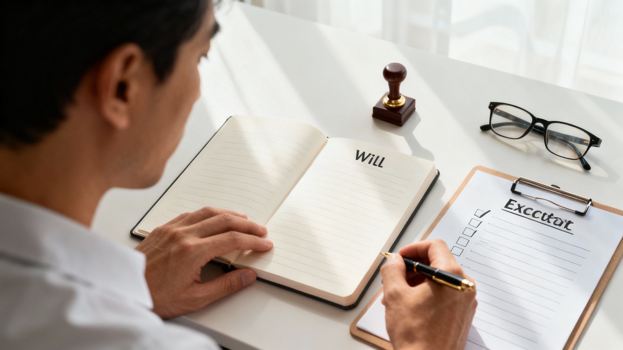 Una mano firmando un documento legal en una mesa de madera.