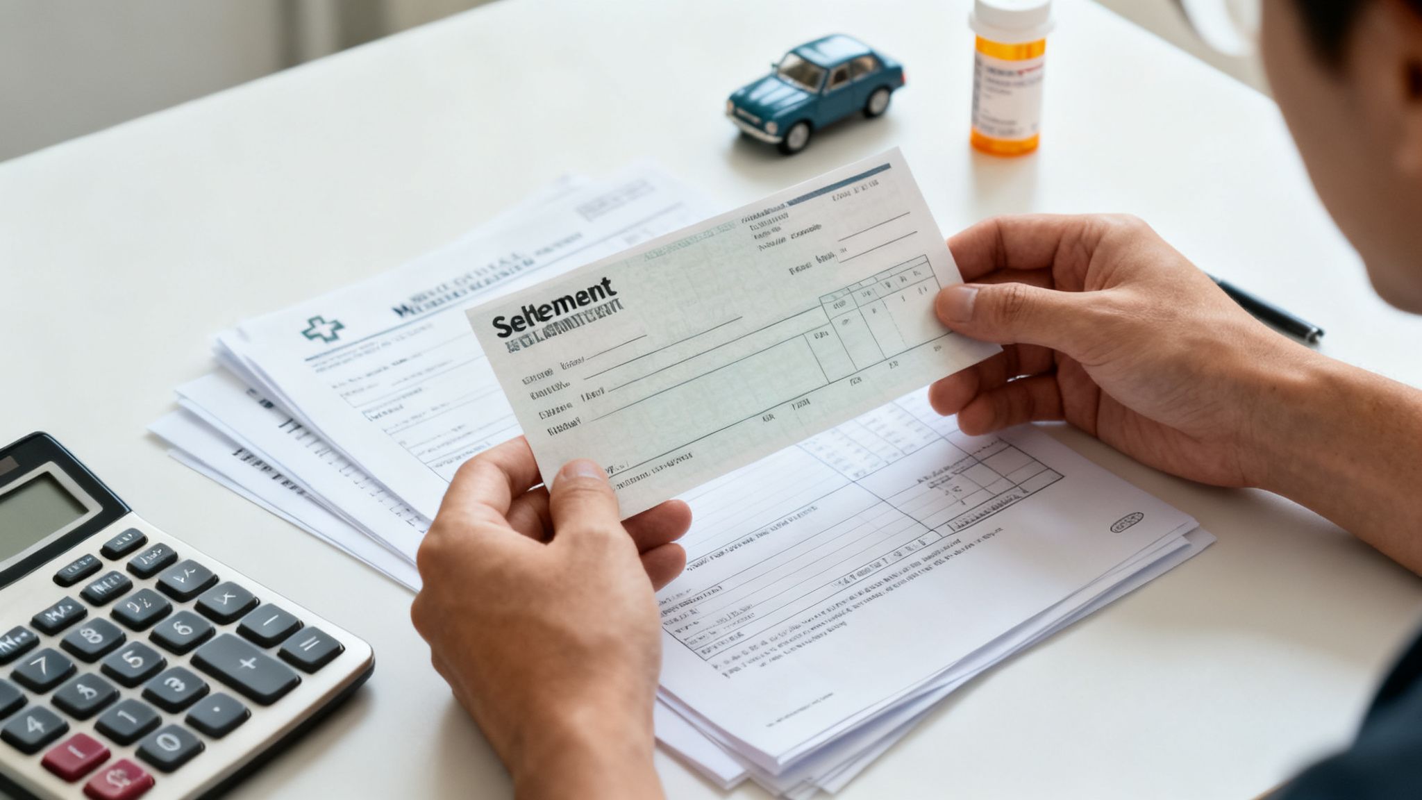Hands hold a 'Settlement' document, with a calculator, toy car, and medicine bottle on a white desk.
