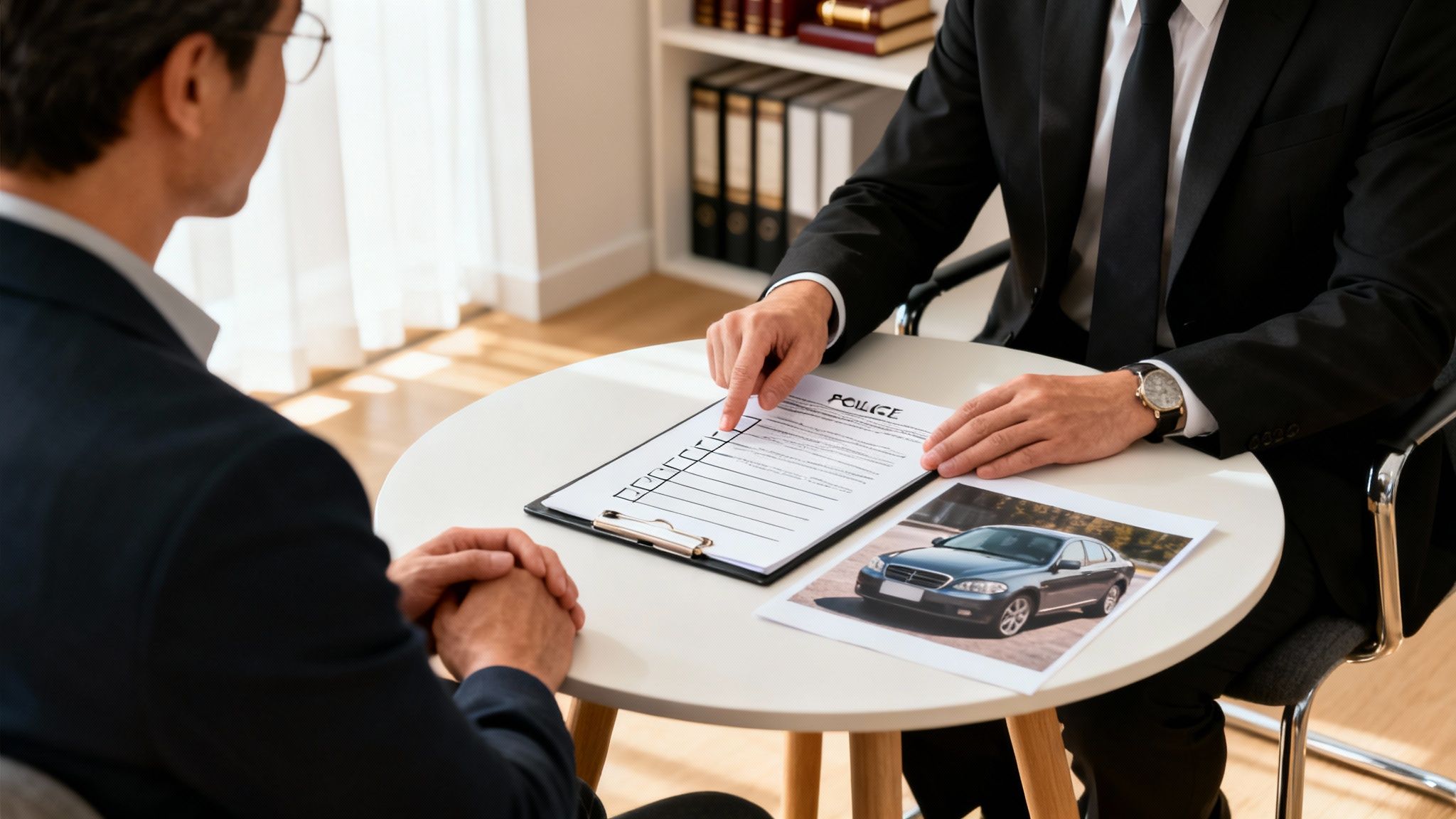 A lawyer explains a police report and car accident details to a client during a legal consultation.