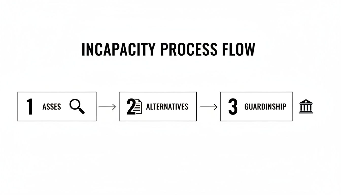 A flowchart titled 'Incapacity Process Flow' showing steps: assess, alternatives, and guardianship.