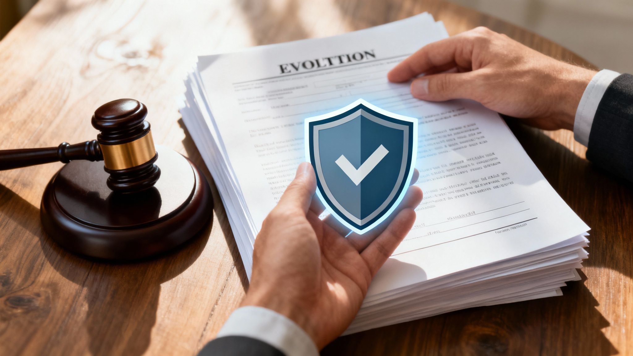 Hands holding a shield symbol over eviction documents and a gavel on a wooden table, representing tenant rights and legal protection in eviction proceedings.