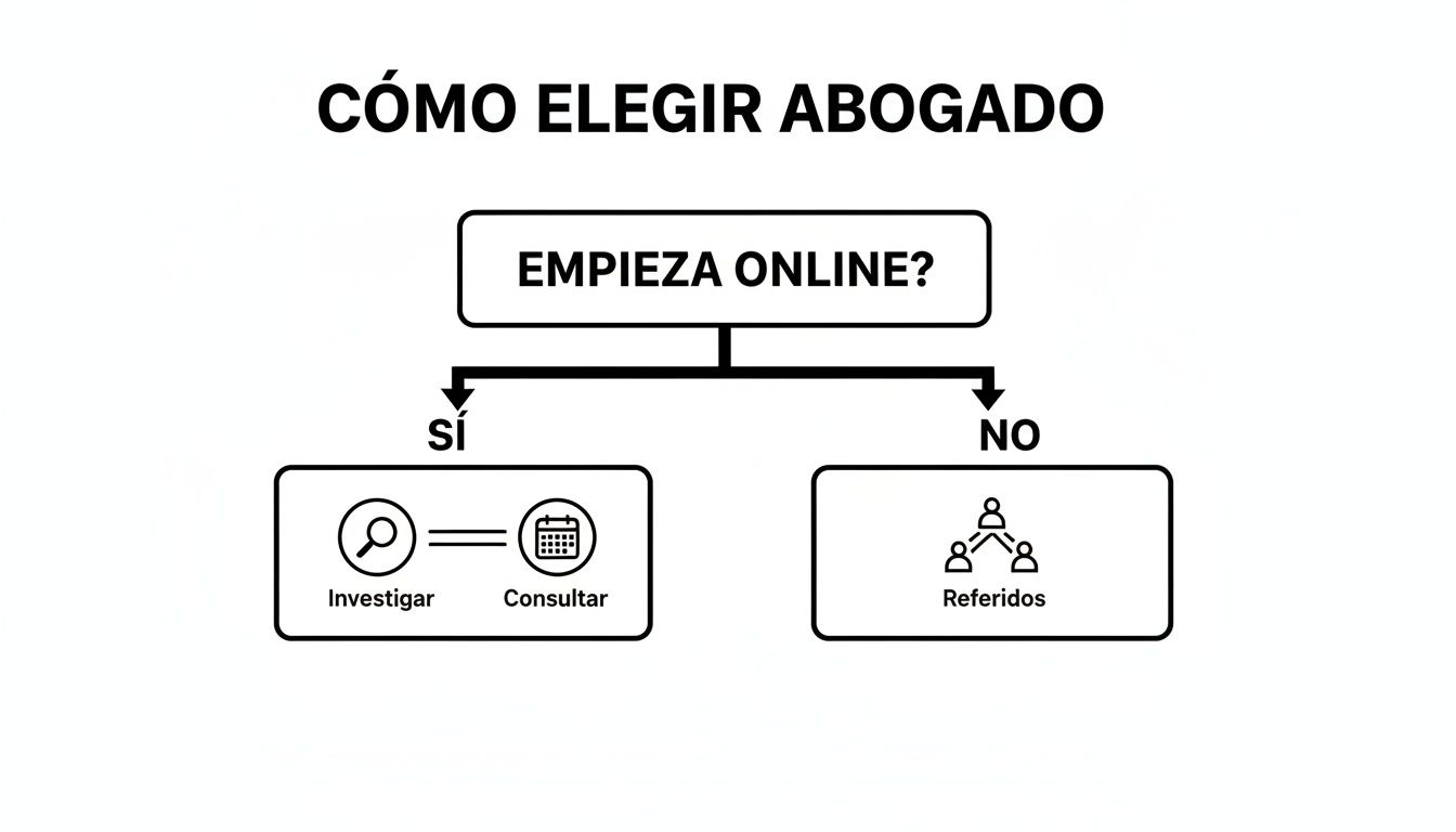 Diagrama de flujo sobre cómo elegir un abogado, con opciones de investigación online o referidos.