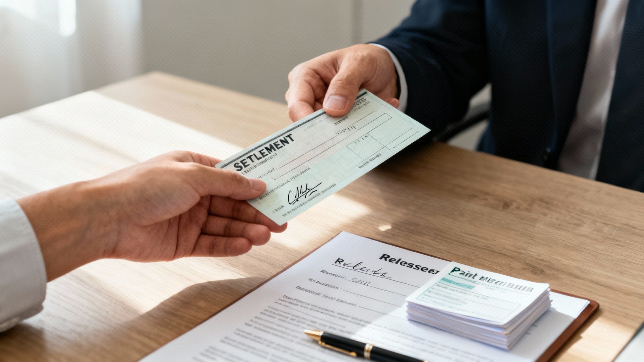 Hands exchanging a settlement check over a wooden desk with legal documents and a pen.