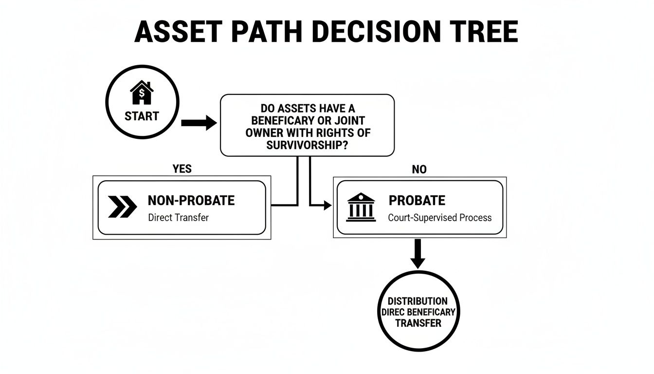 Flowchart illustrating the asset path decision tree, differentiating between probate and non-probate asset transfers.