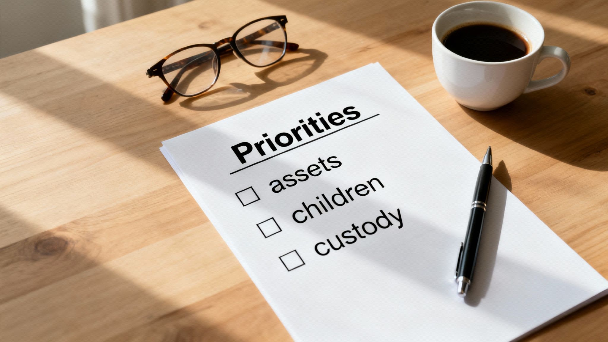 Divorce priorities checklist with assets, children, and custody items on wooden desk with coffee