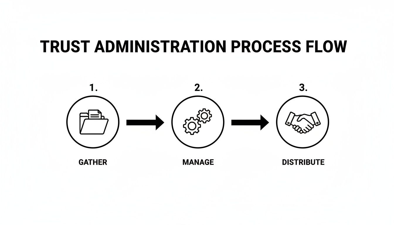 A trust administration process flow illustrating three key steps: gather, manage, and distribute assets.
