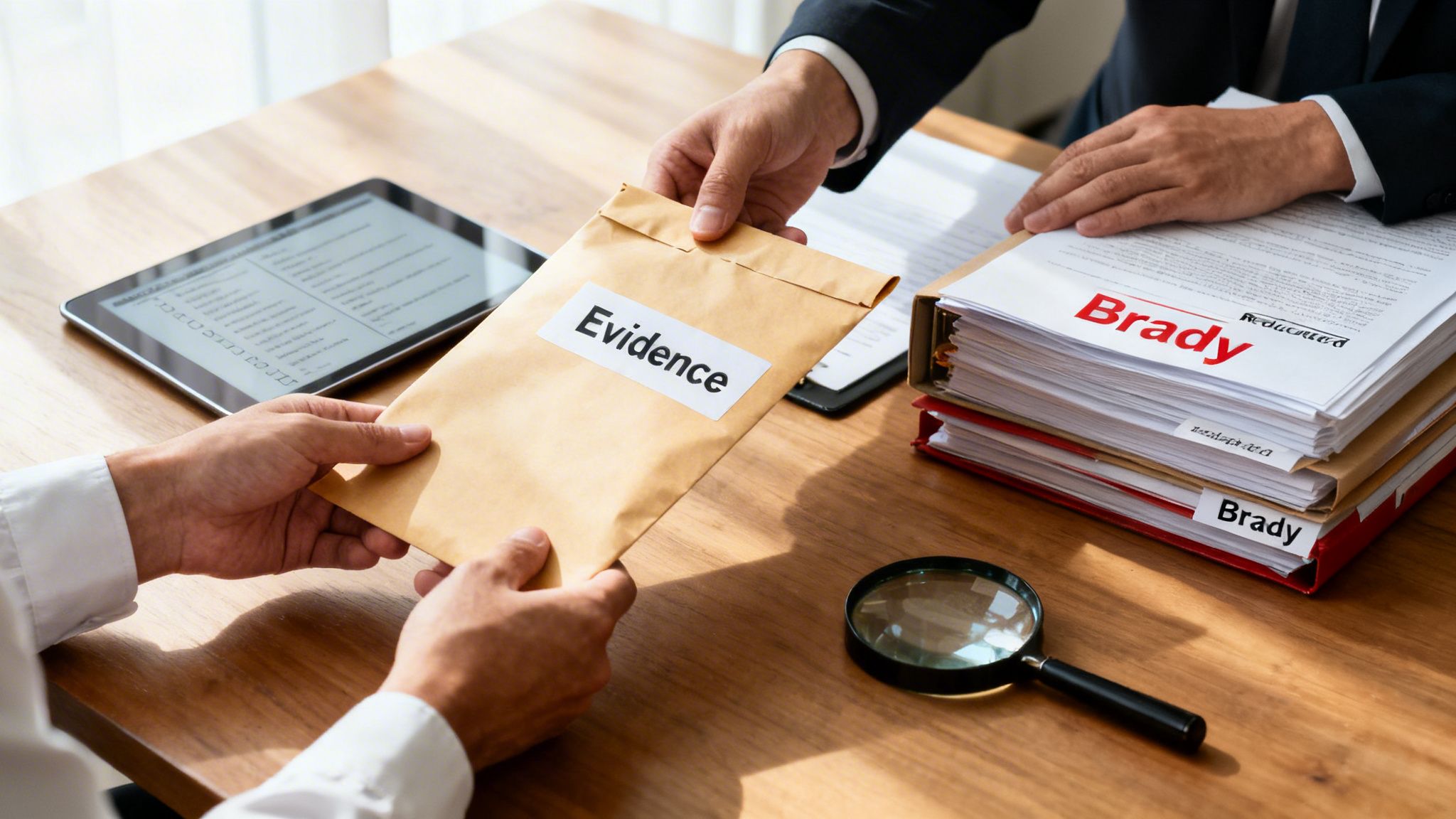 Two legal professionals exchange an evidence envelope on a desk with Brady documents, a tablet, and a magnifying glass.